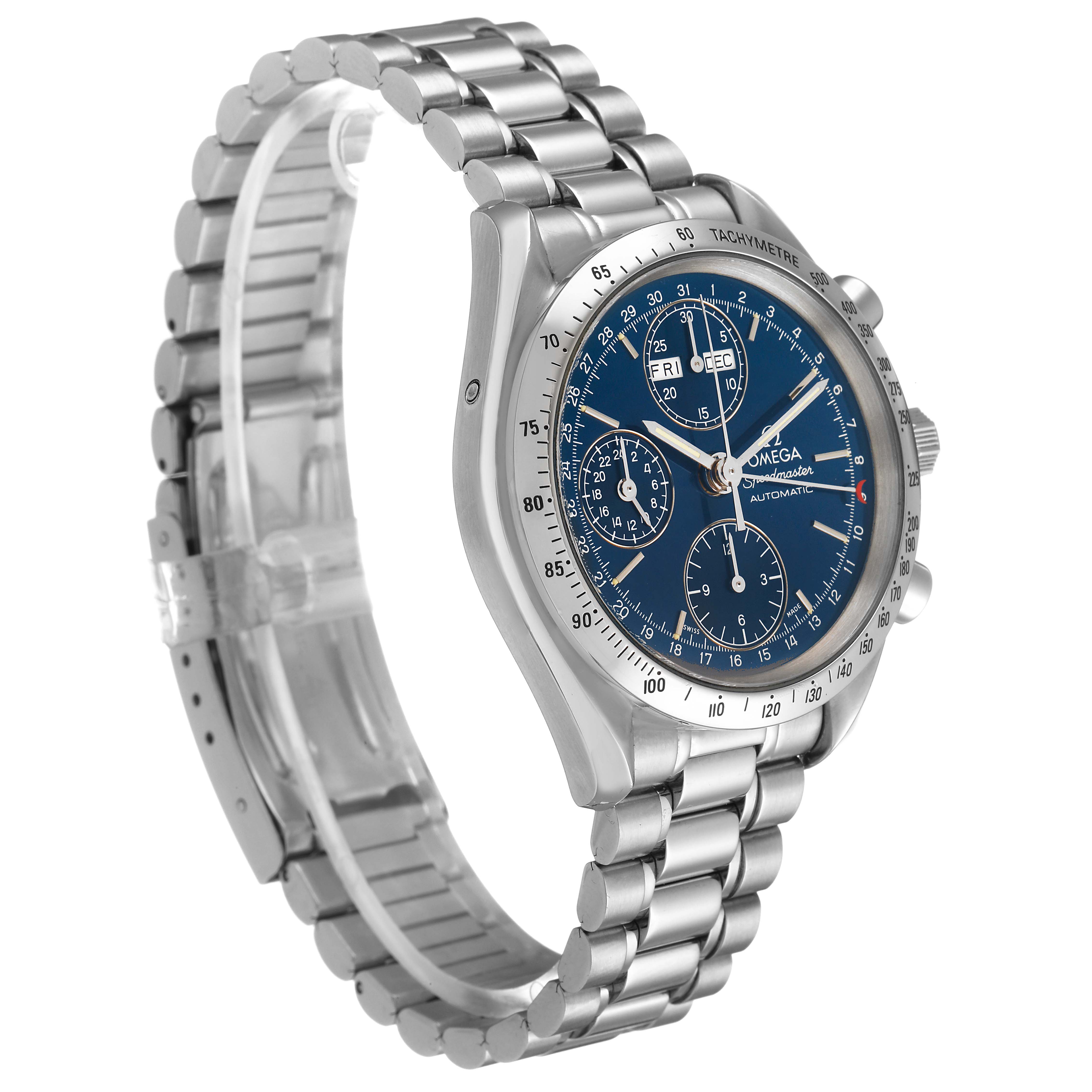 The Omega Speedmaster 3521.80.00 Men's Stainless Steel Blue Dial watch is shown at a three-quarter angle, highlighting its bezel, dial, and stainless steel bracelet.