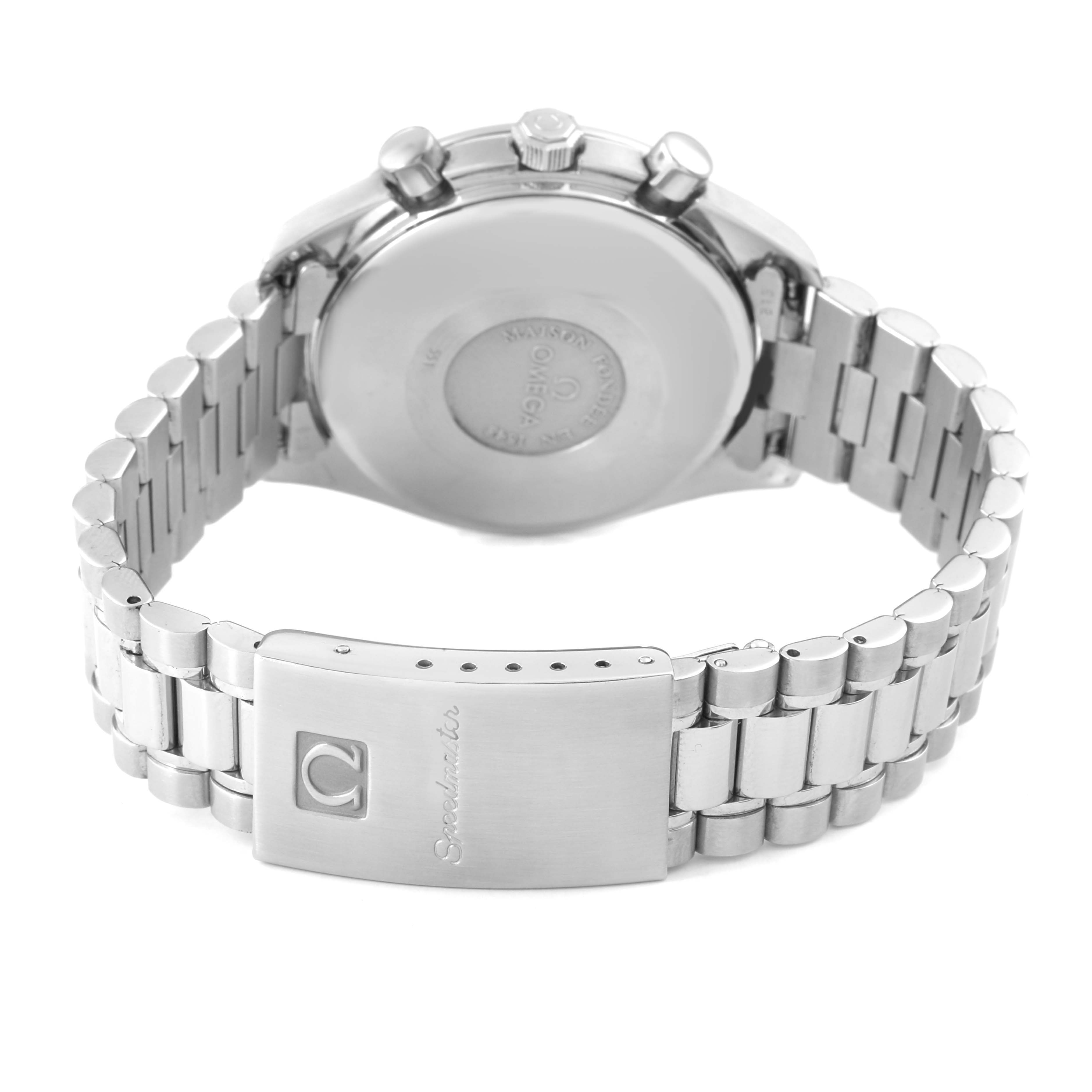 The image shows the back and clasp of an Omega Speedmaster 3521.80.00 Men's Stainless Steel Blue Dial, highlighting the bracelet and caseback details.