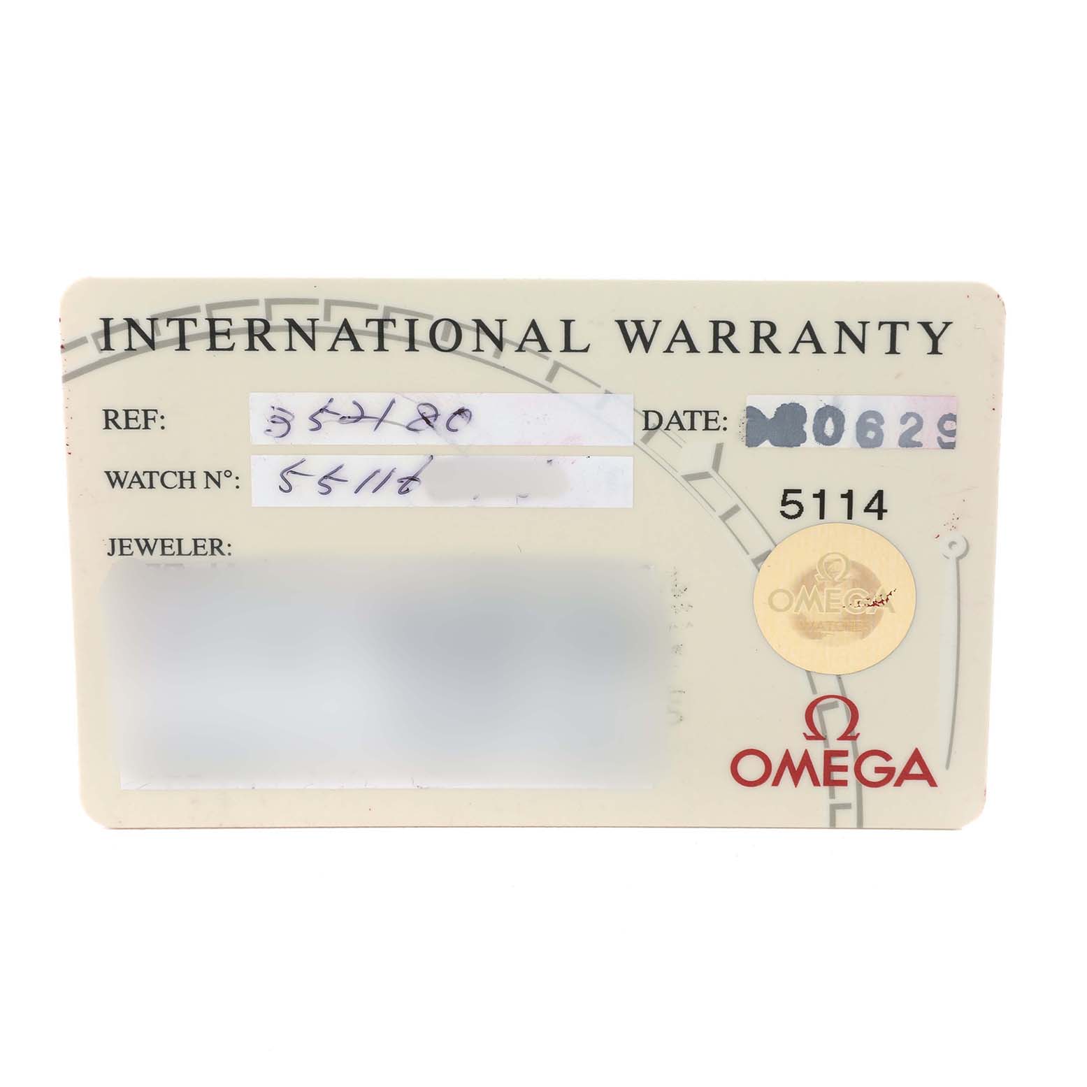 This image shows an Omega Speedmaster 3521.80.00 Men's Stainless Steel Blue Dial model's international warranty card, displaying reference and watch numbers.
