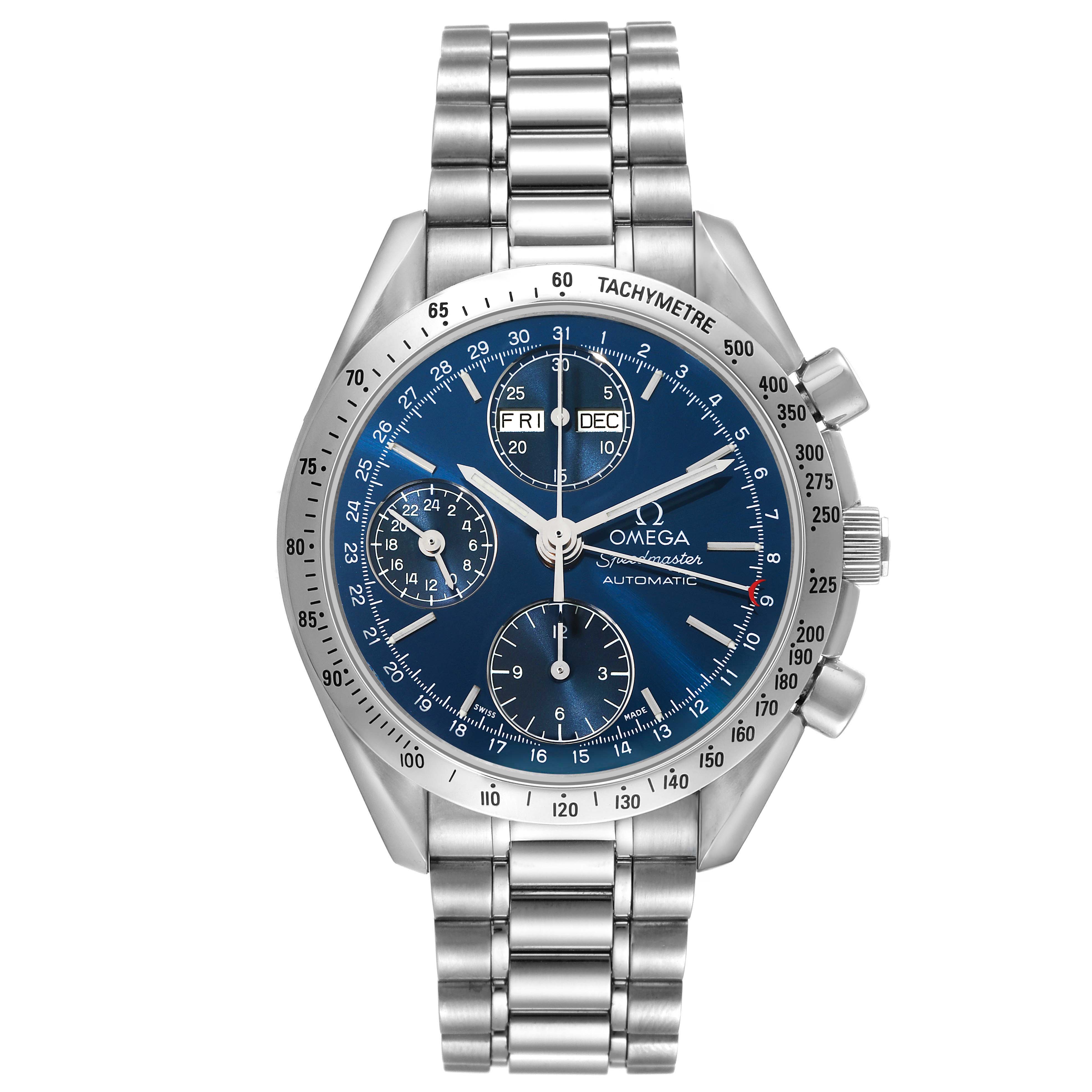 The Omega Speedmaster 3521.80.00 Men's Stainless Steel Blue Dial watch is shown from a front angle, displaying its face, bracelet, and tachymeter bezel.