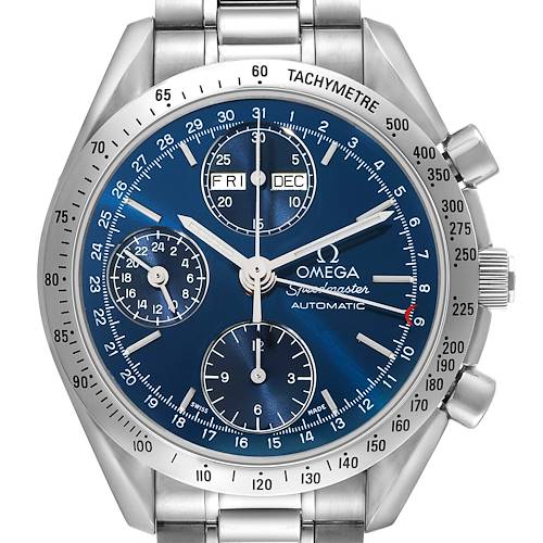 The image shows a frontal view of an Omega Speedmaster 3521.80.00 Men's Stainless Steel Blue Dial watch, highlighting the dial, subdials, and tachymeter bezel.
