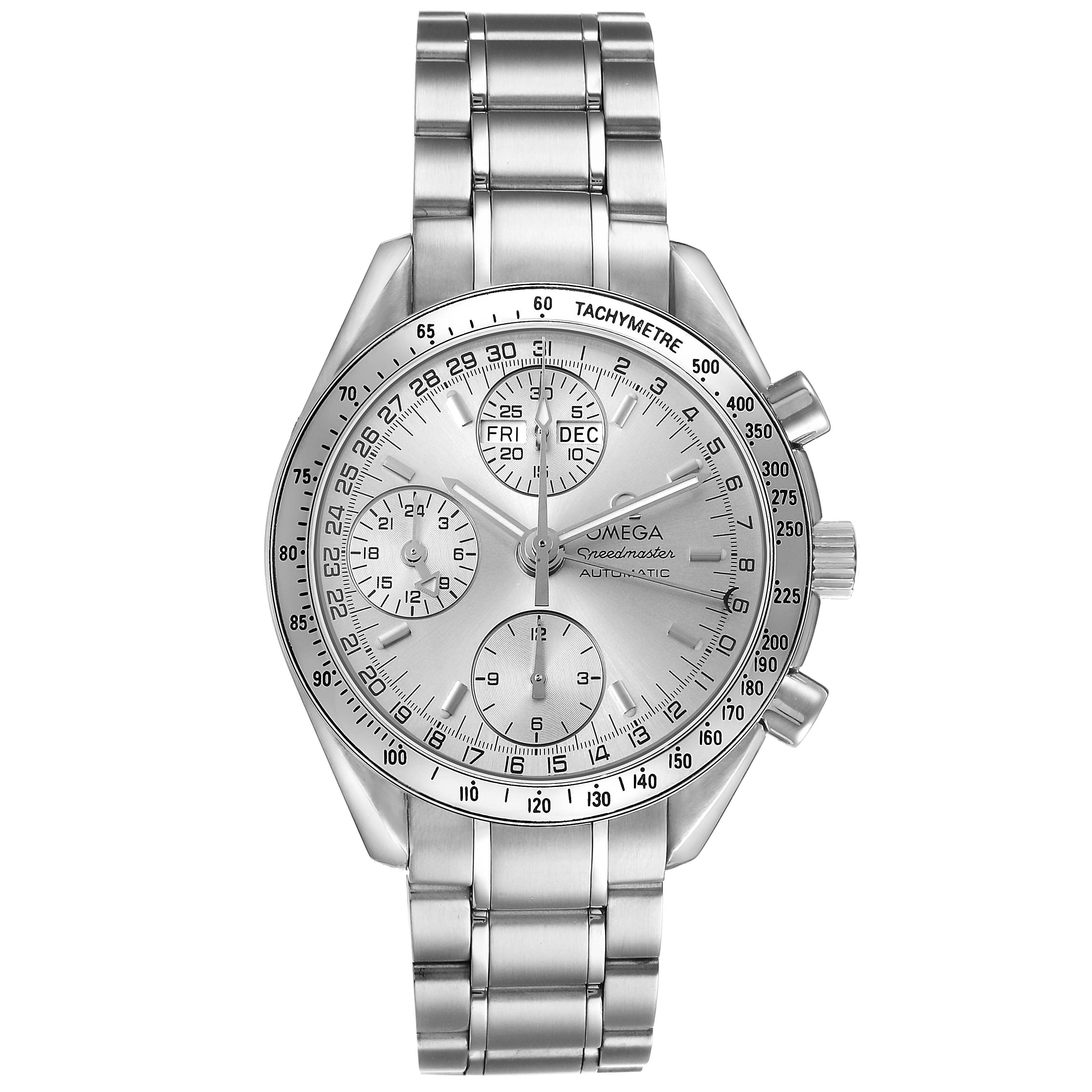 The Omega Speedmaster 3523.30.00 Men's Stainless Steel Silver Dial watch is shown from the front, highlighting the dial, tachymeter, sub-dials, and metal bracelet.