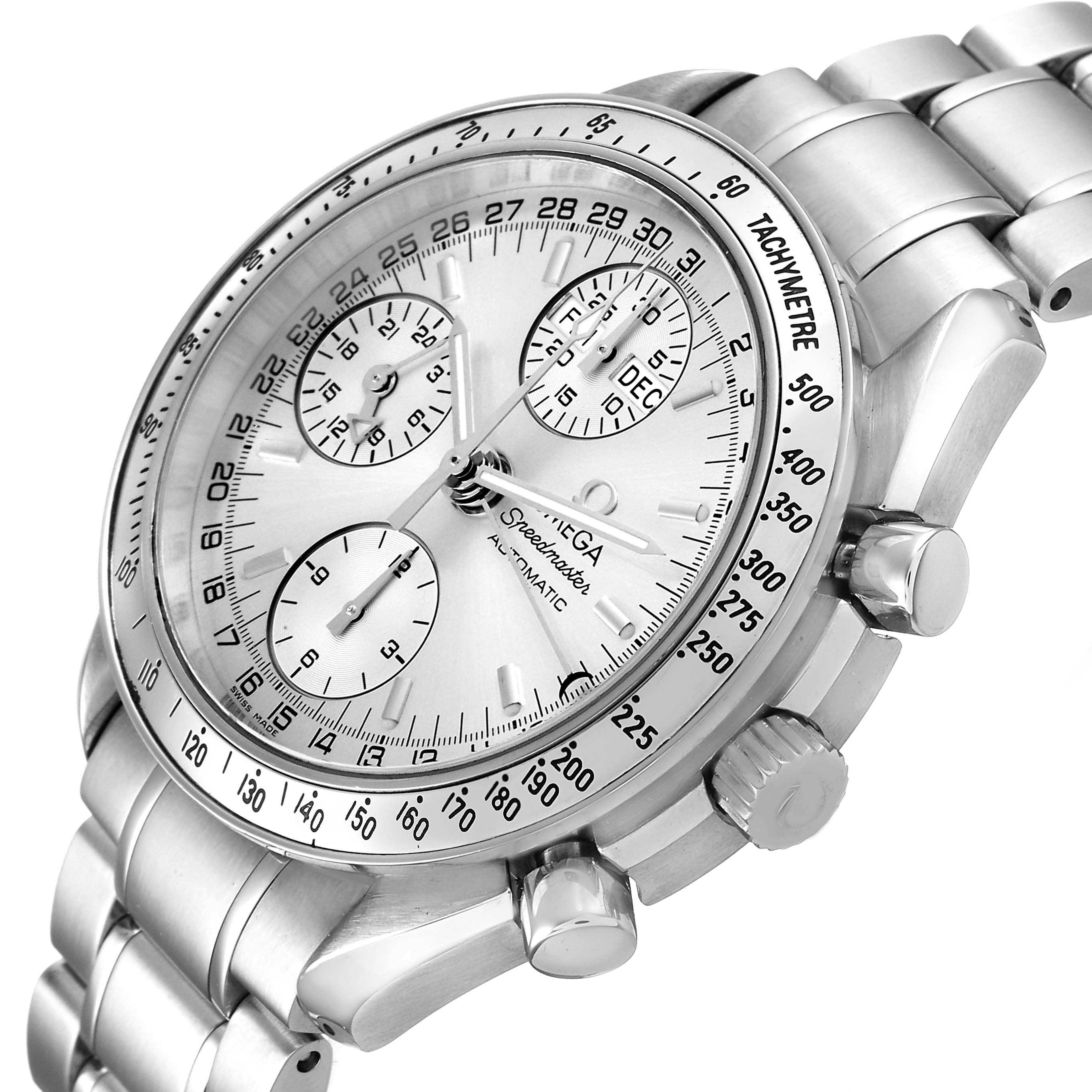 The Omega Speedmaster 3523.30.00 Men's Stainless Steel Silver Dial watch is shown at a tilted angle, highlighting its dial, tachymeter bezel, and stainless steel bracelet.