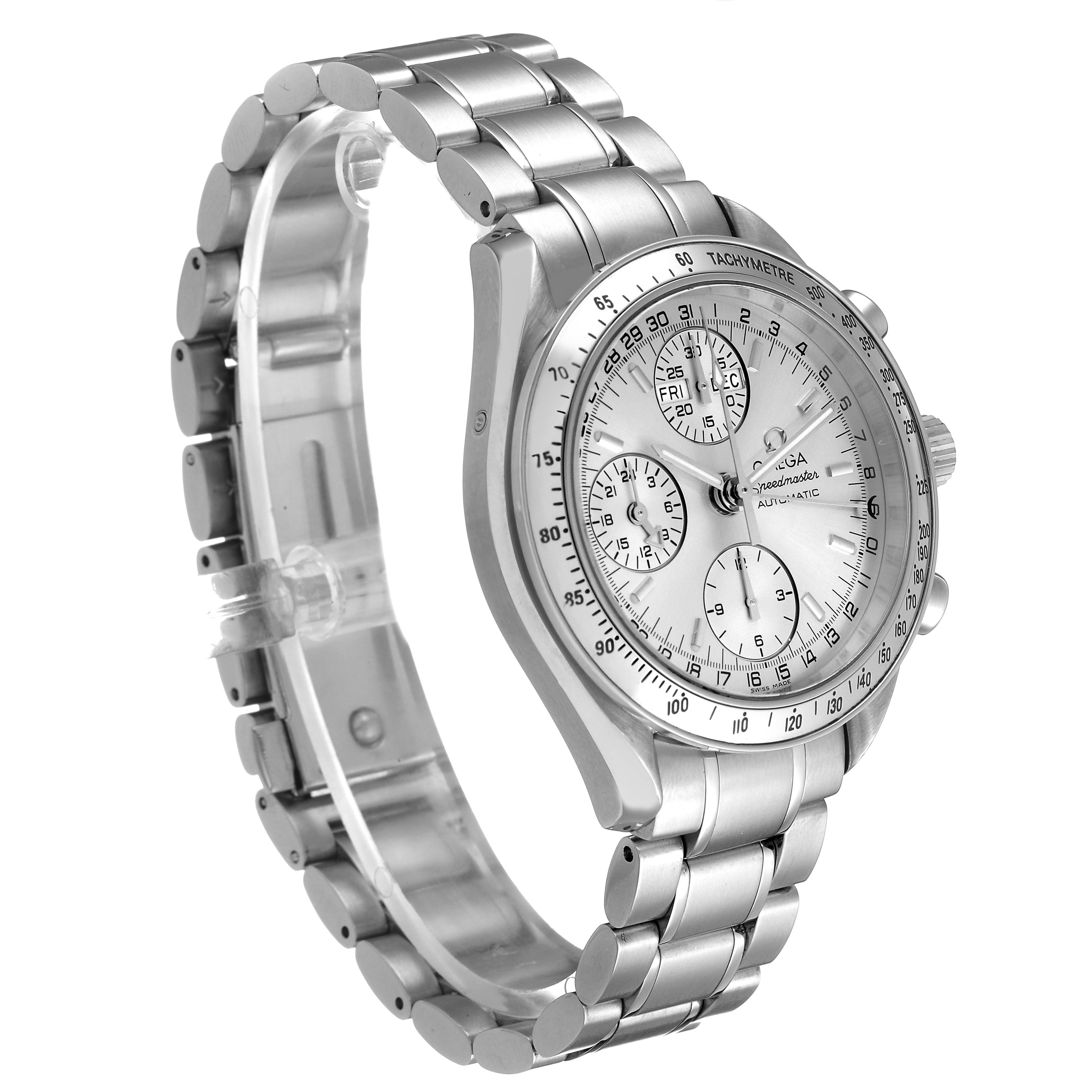 The Omega Speedmaster 3523.30.00 Men's Stainless Steel Silver Dial watch is shown at a three-quarter angle, highlighting the dial, bezel, and bracelet.