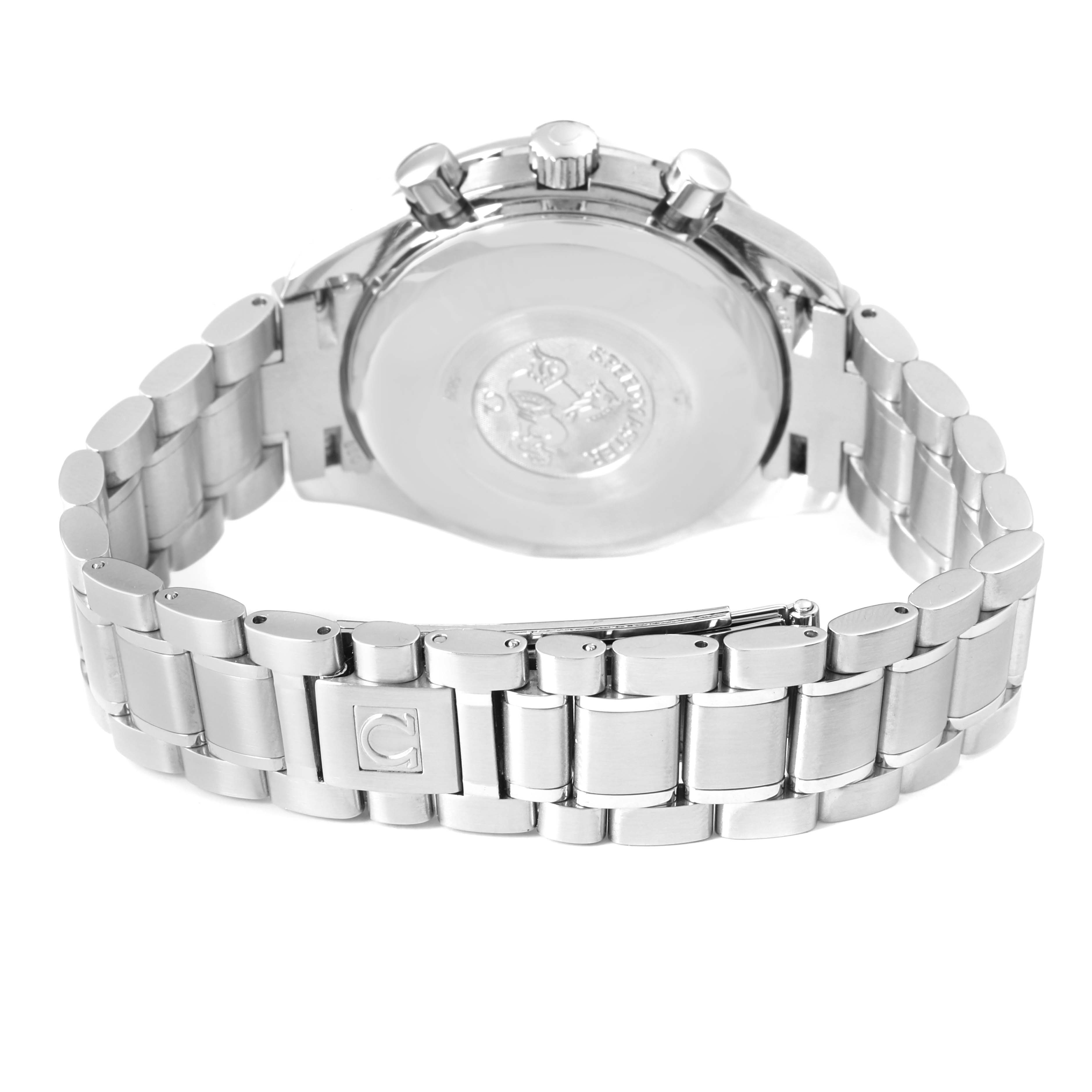 The Omega Speedmaster 3523.30.00 Men's Stainless Steel Silver Dial watch is shown from the back, displaying the case back and part of the metal bracelet with the clasp.