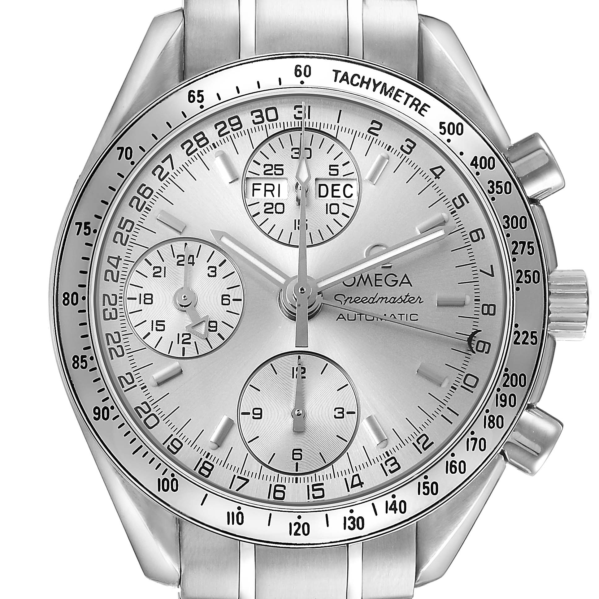 The Omega Speedmaster 3523.30.00 Men's Stainless Steel Silver Dial watch is shown from a front angle, displaying its dial, subdials, bezel, and metal bracelet.