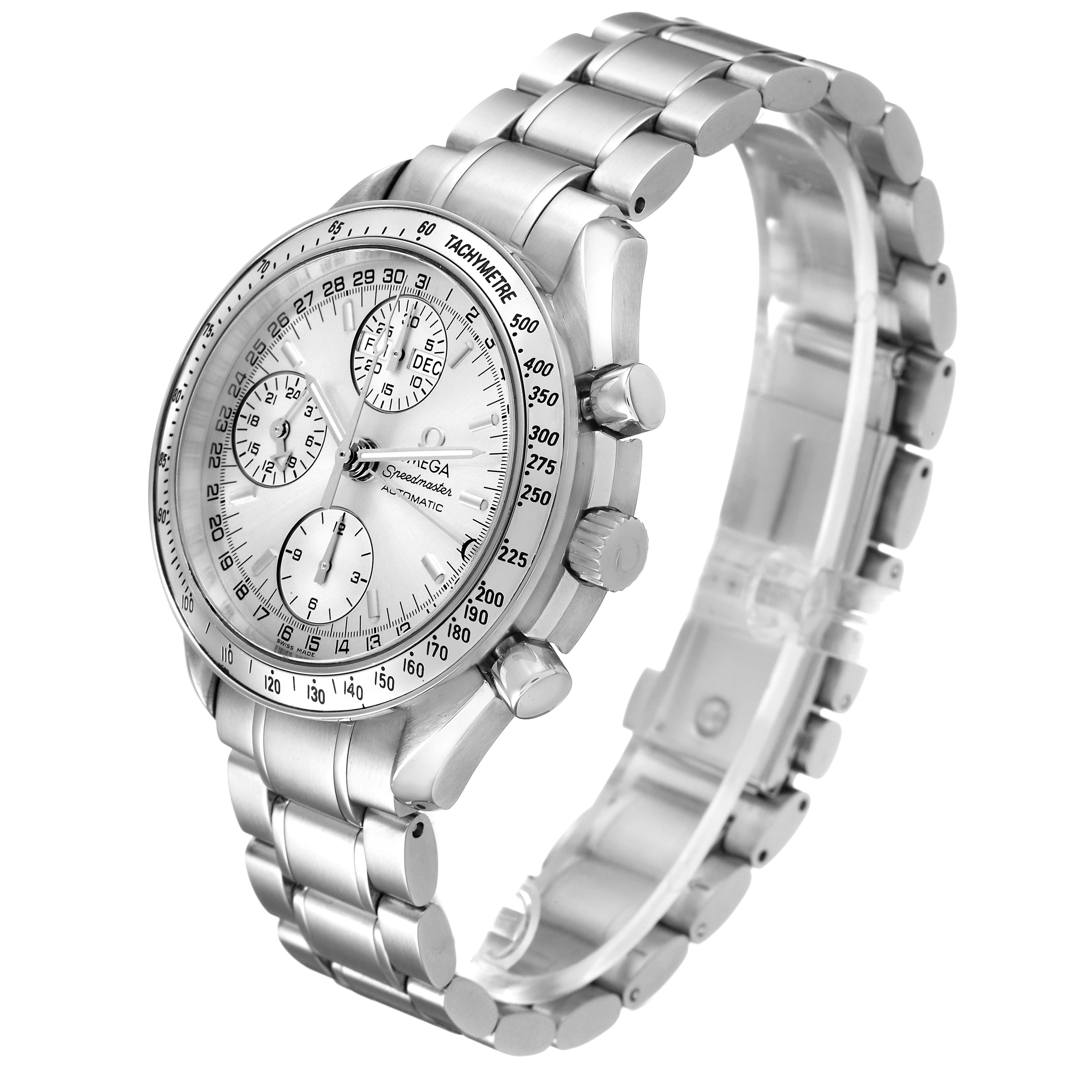 The Omega Speedmaster 3523.30.00 Men's Stainless Steel Silver Dial watch is shown at a three-quarter angle, highlighting the face, bezel, pushers, and bracelet.