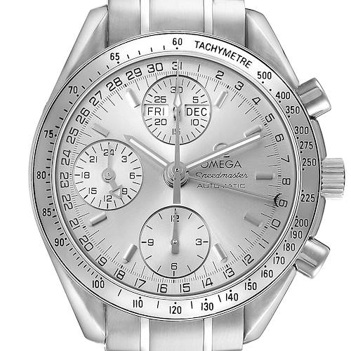 The Omega Speedmaster 3523.30.00 Men's Stainless Steel Silver Dial watch is shown from a front angle, highlighting the dial, sub-dials, bezel, and pushers.
