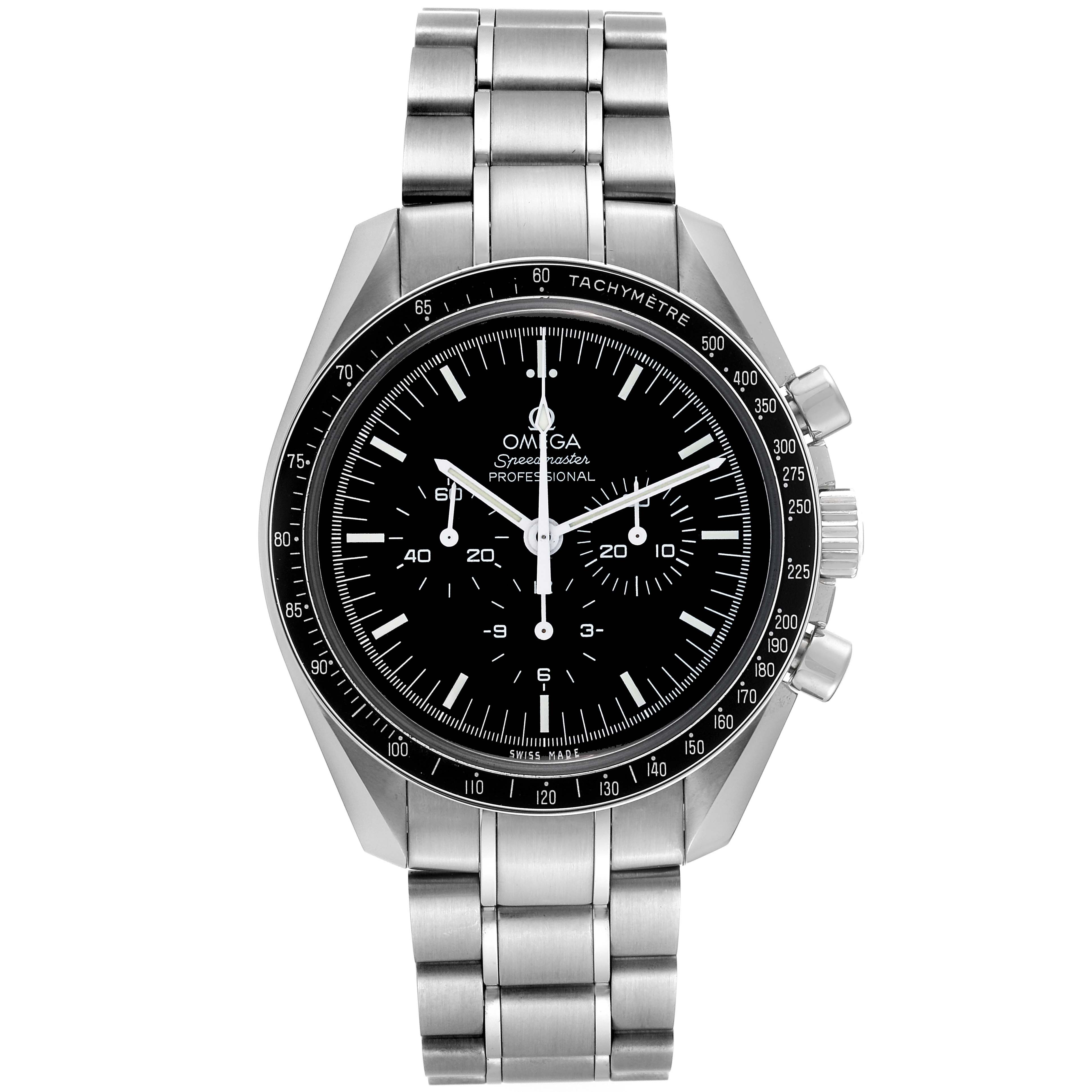 The image shows a front-facing view of the Omega Speedmaster 311.30.42.30.01.005 Men
s Stainless Steel Black Dial 311.30.42.30.01.005 Men
s Stainless Steel Black Dial watch, including its dial, bezel, and stainless steel bracelet.