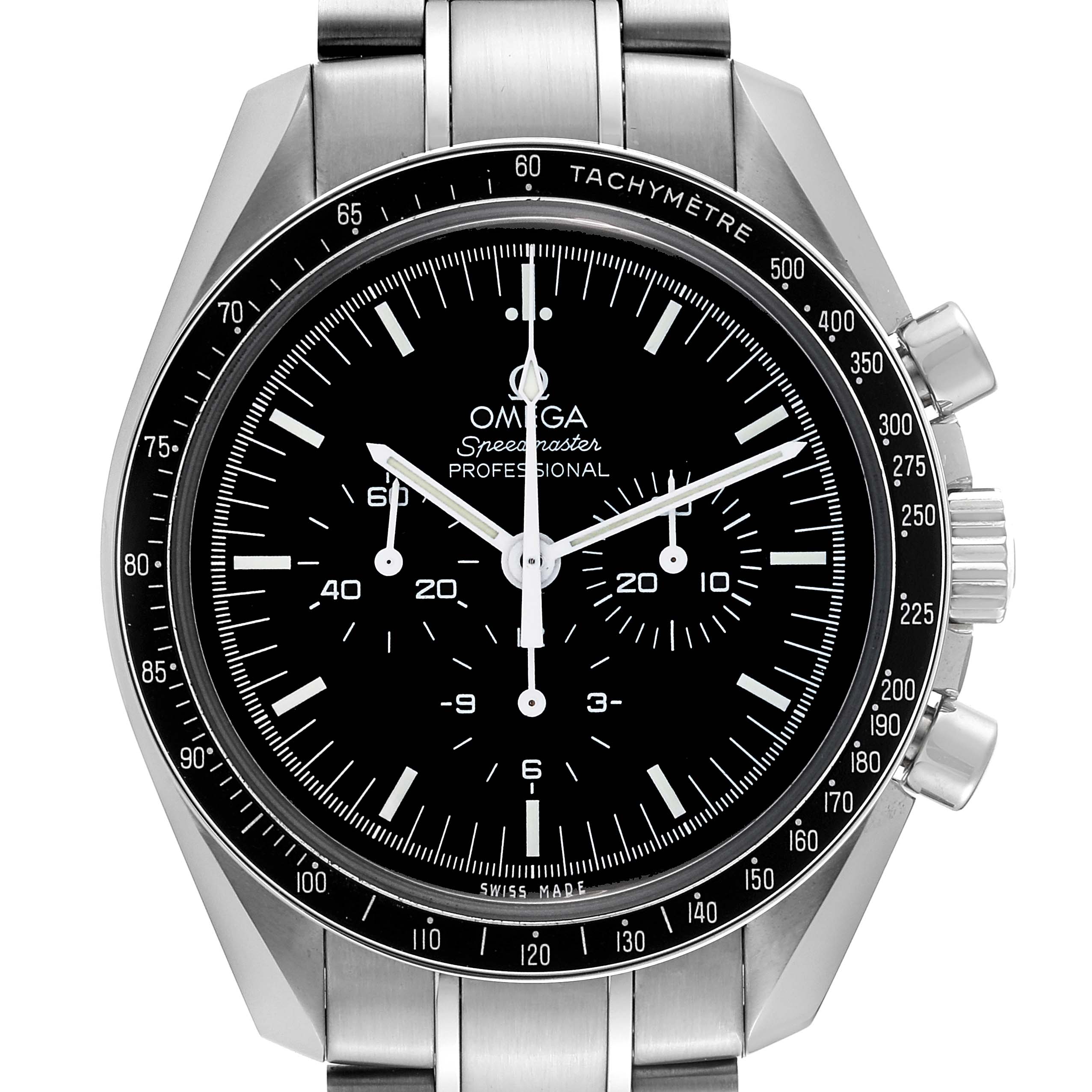 The image shows a front view of the Omega Speedmaster 311.30.42.30.01.005 Men
s Stainless Steel Black Dial 311.30.42.30.01.005 Men
s Stainless Steel Black Dial watch, highlighting its bezel, dial, and bracelet.