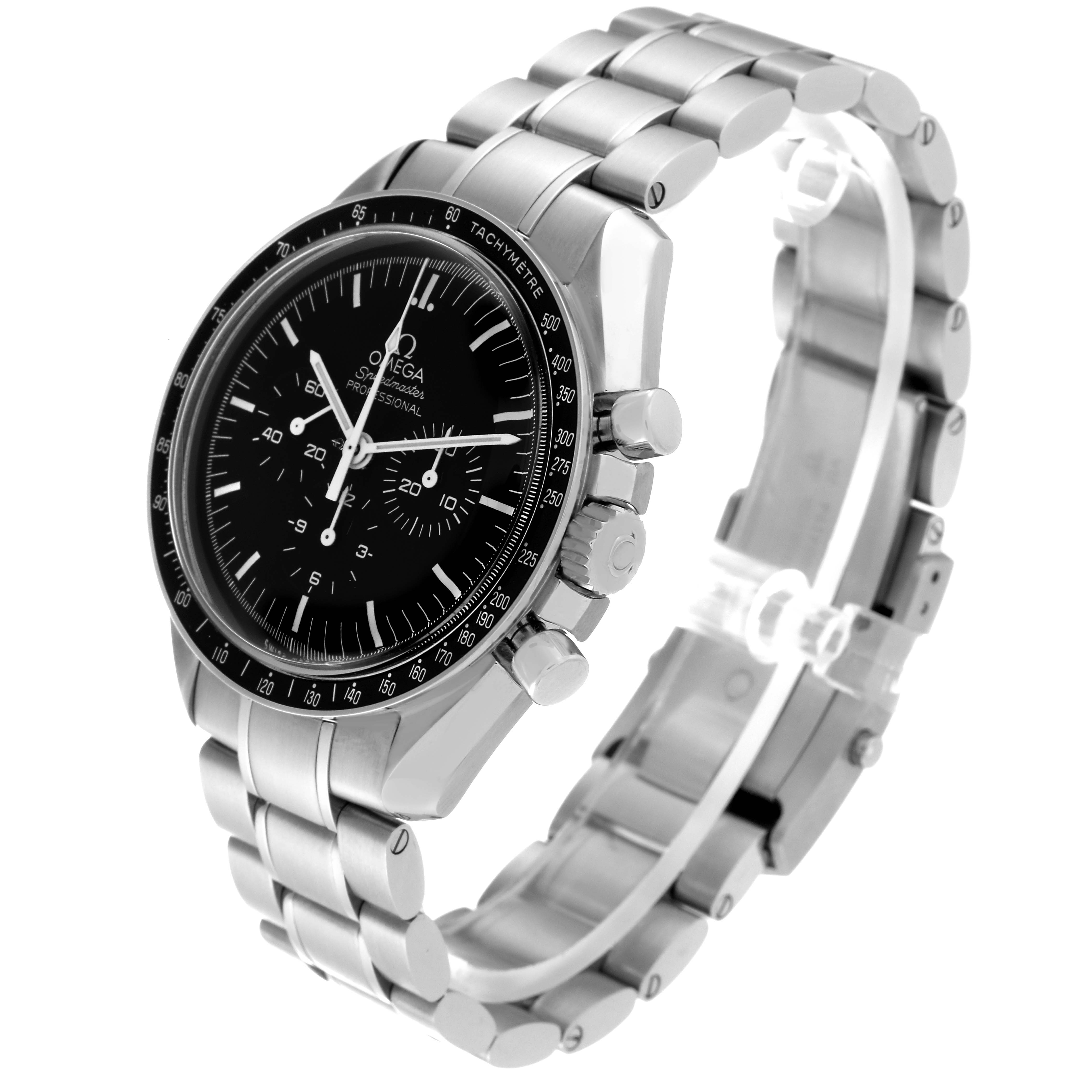 This image shows the Omega Speedmaster 311.30.42.30.01.005 Men
s Stainless Steel Black Dial 311.30.42.30.01.005 Men
s Stainless Steel Black Dial watch at an oblique angle, highlighting its face, bezel, crown, and bracelet.