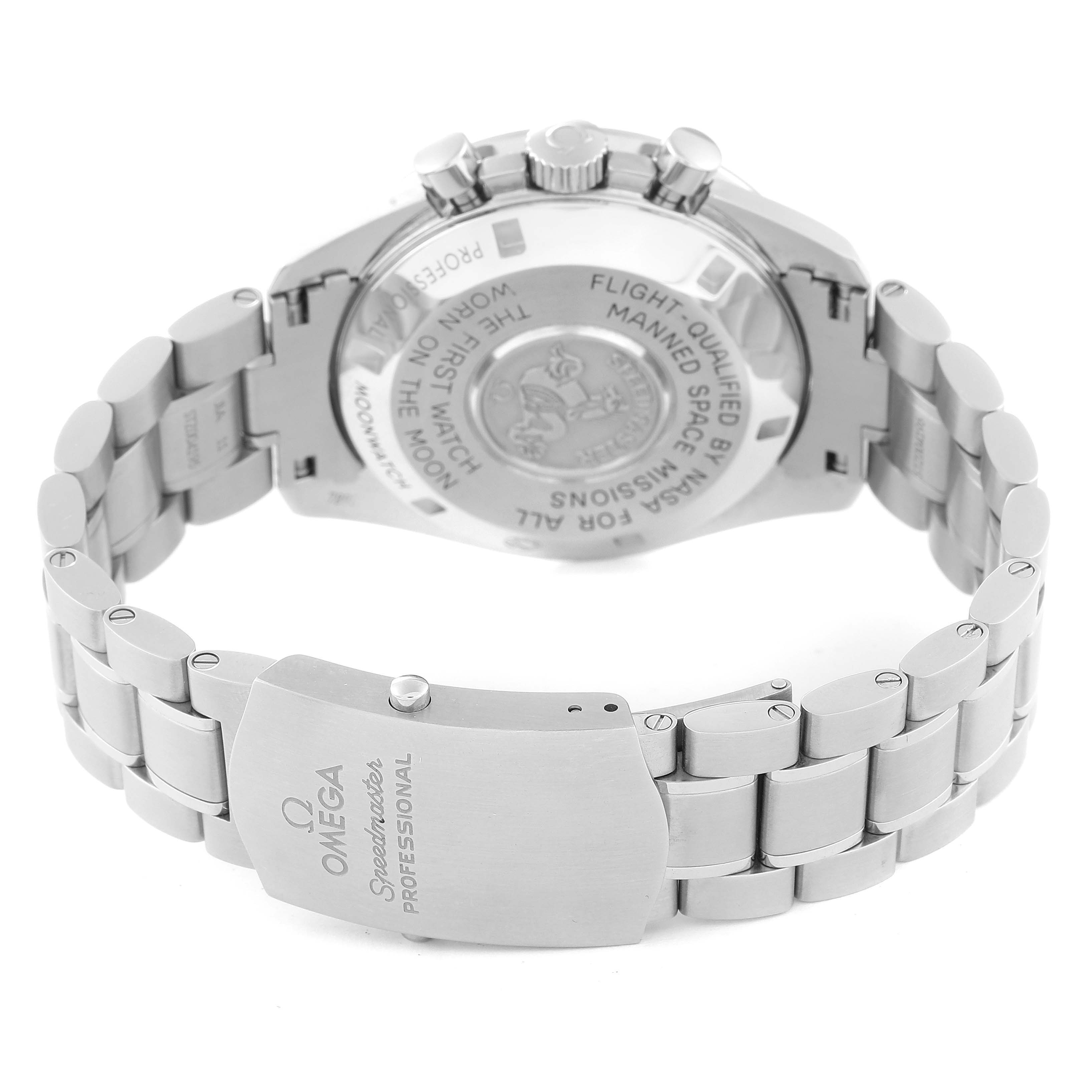 This image shows the back case and bracelet of the Omega Speedmaster 311.30.42.30.01.005 Men
s Stainless Steel Black Dial 311.30.42.30.01.005 Men
s Stainless Steel Black Dial watch, featuring its clasp and engraved case back.