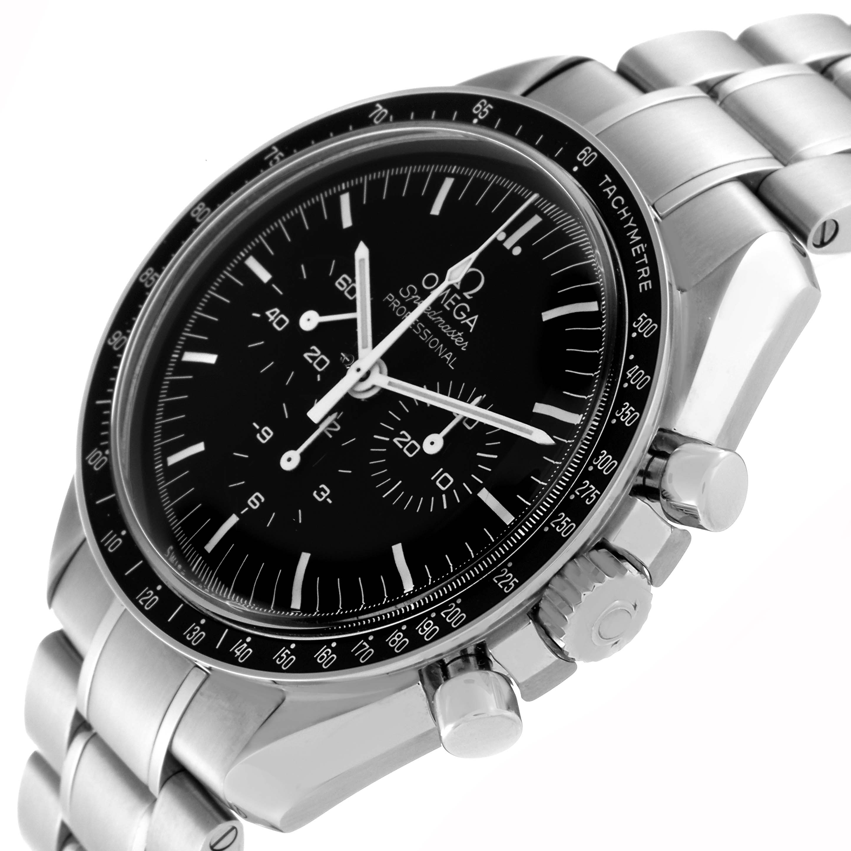 This image shows an Omega Speedmaster 311.30.42.30.01.005 Men
s Stainless Steel Black Dial 311.30.42.30.01.005 Men
s Stainless Steel Black Dial watch at an angled close-up, highlighting the dial, bezel, crown, and pushers.