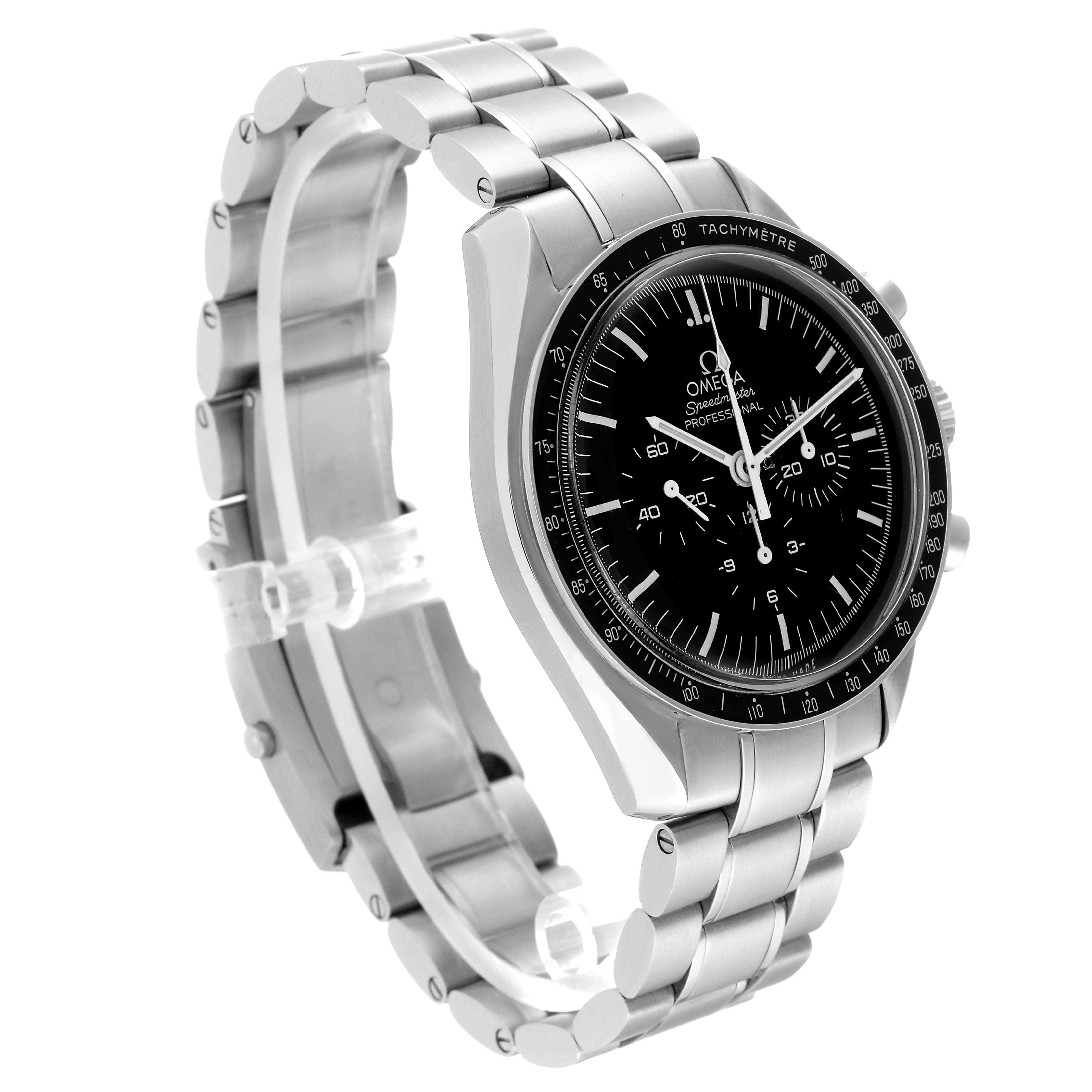 The image shows a side angle of the Omega Speedmaster 311.30.42.30.01.005 Men
s Stainless Steel Black Dial 311.30.42.30.01.005 Men
s Stainless Steel Black Dial watch, highlighting its stainless steel bracelet and tachymeter bezel.