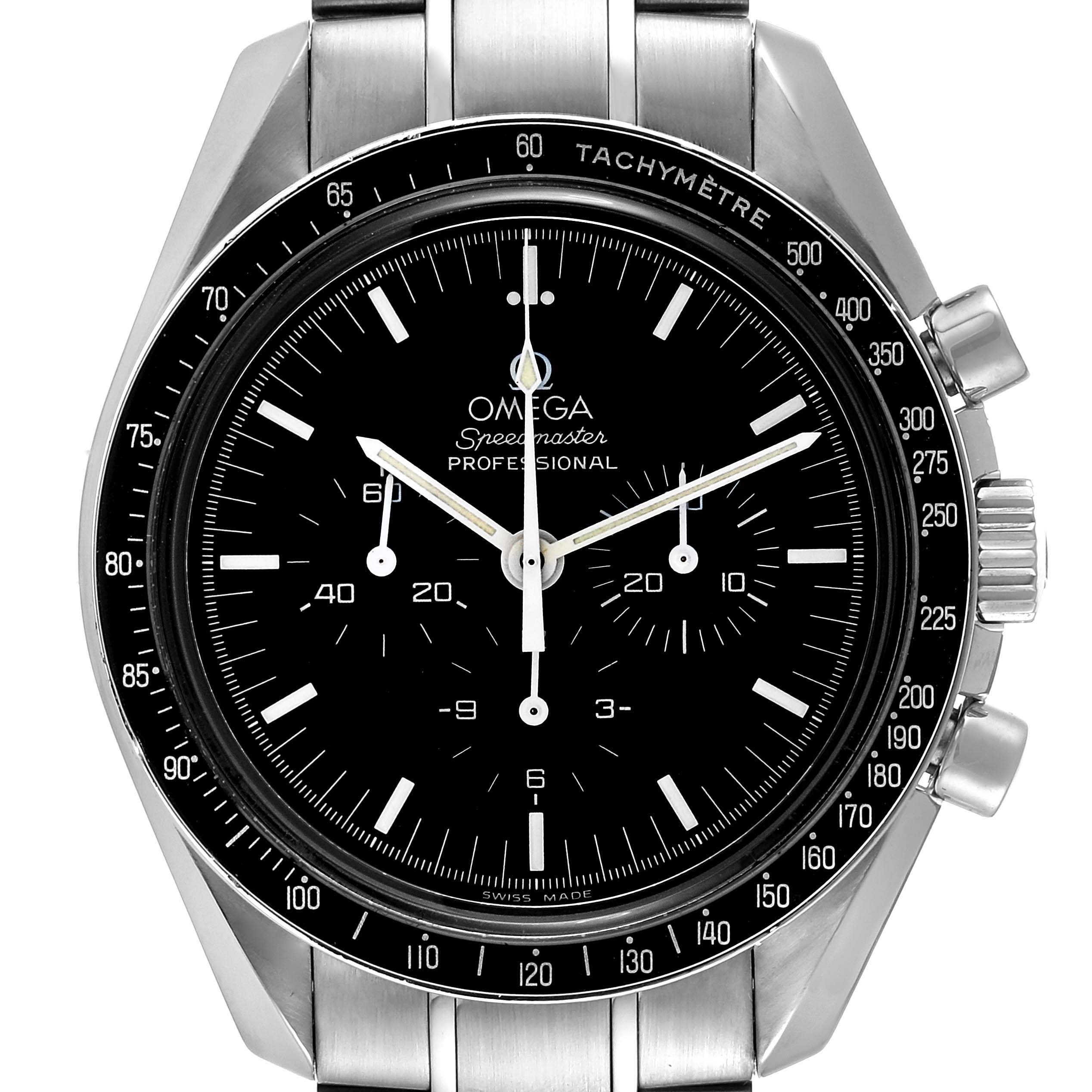 This image shows a frontal view of the Omega Speedmaster 3573.50.00 Men's Stainless Steel Black Dial 3573.50.00 Men's Stainless Steel Black Dial watch, highlighting its dial, bezel, crown, and pushers.