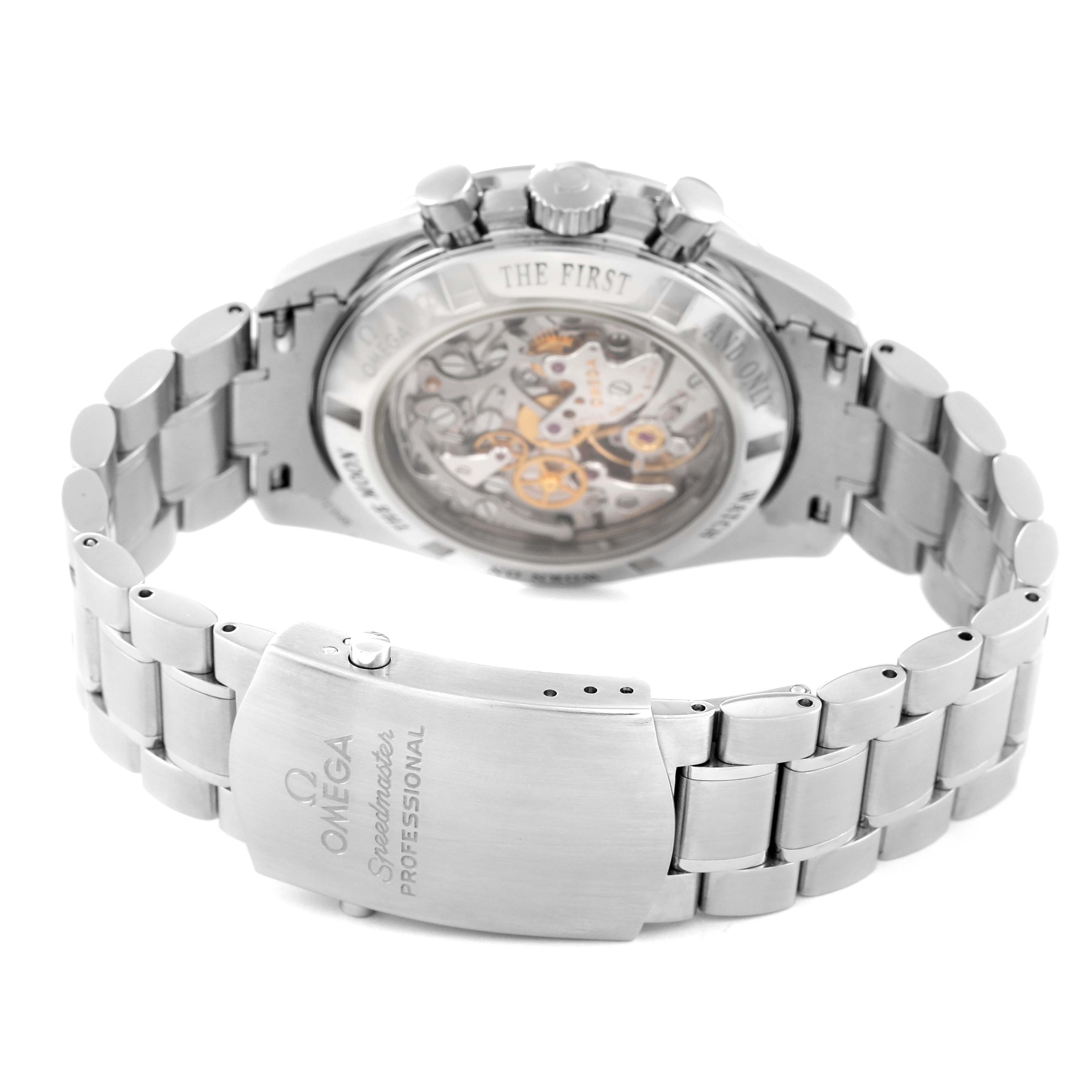 The image shows the back view of the Omega Speedmaster 3573.50.00 Men's Stainless Steel Black Dial 3573.50.00 Men's Stainless Steel Black Dial watch, highlighting its open case back and metal bracelet.