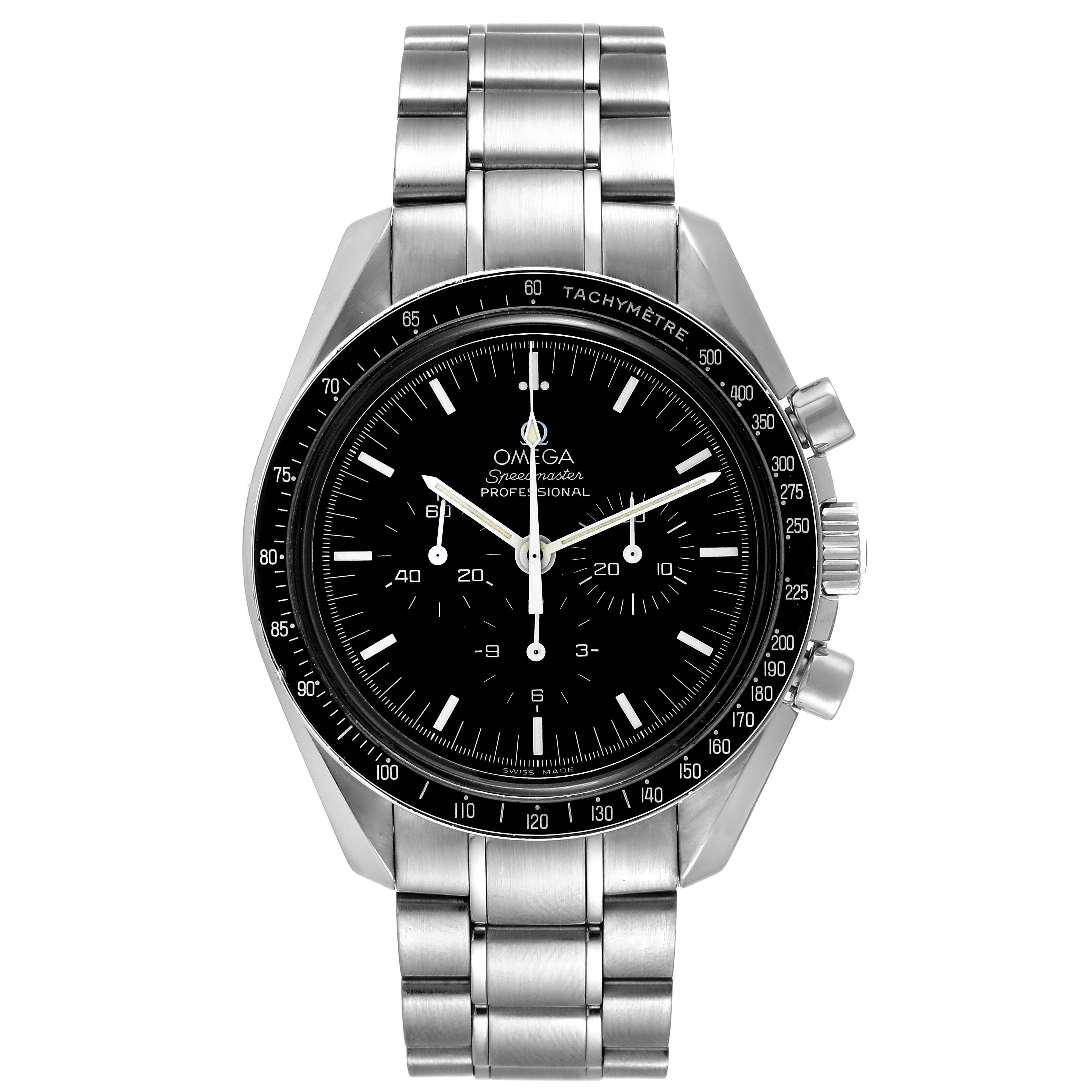 The image shows a frontal view of the Omega Speedmaster 3573.50.00 Men's Stainless Steel Black Dial 3573.50.00 Men's Stainless Steel Black Dial watch, displaying the dial, bezel, and bracelet.