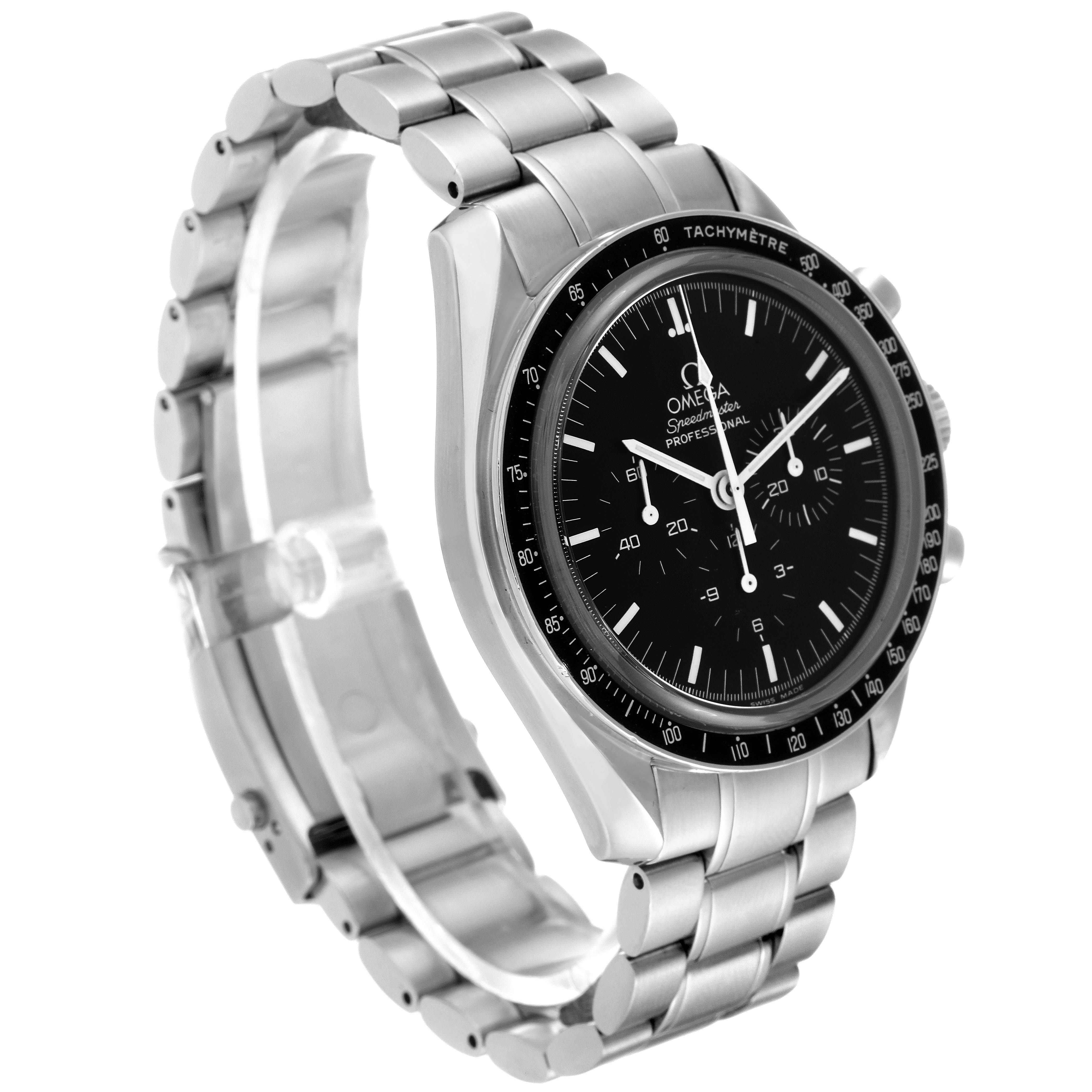 The Omega Speedmaster 3573.50.00 Men's Stainless Steel Black Dial 3573.50.00 Men's Stainless Steel Black Dial watch is shown at a 3/4 angle, displaying its dial, casing, and metal bracelet.