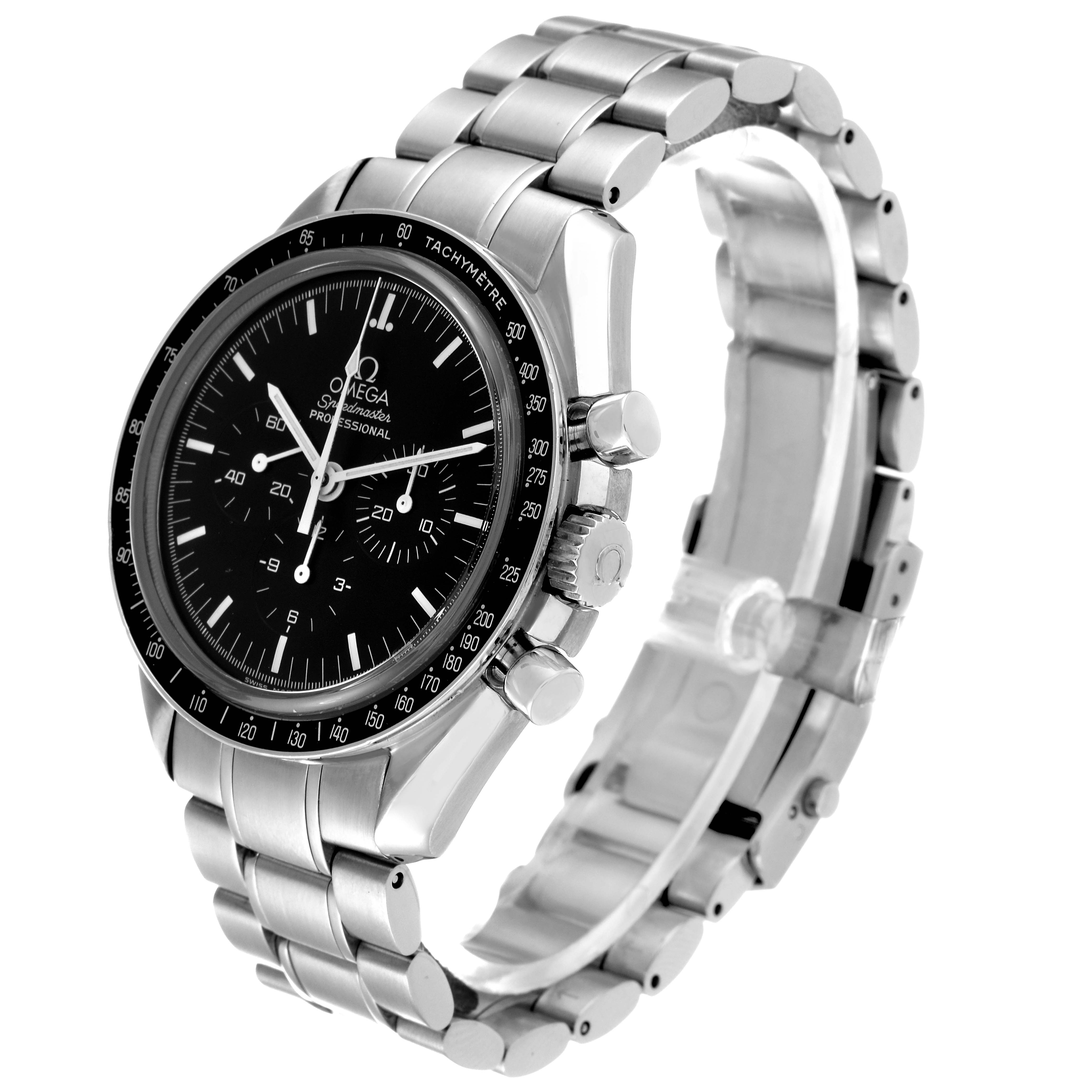 The image shows a 3/4 side view of an Omega Speedmaster 3573.50.00 Men's Stainless Steel Black Dial 3573.50.00 Men's Stainless Steel Black Dial watch, highlighting its face, bezel, crown, pushers, and bracelet.