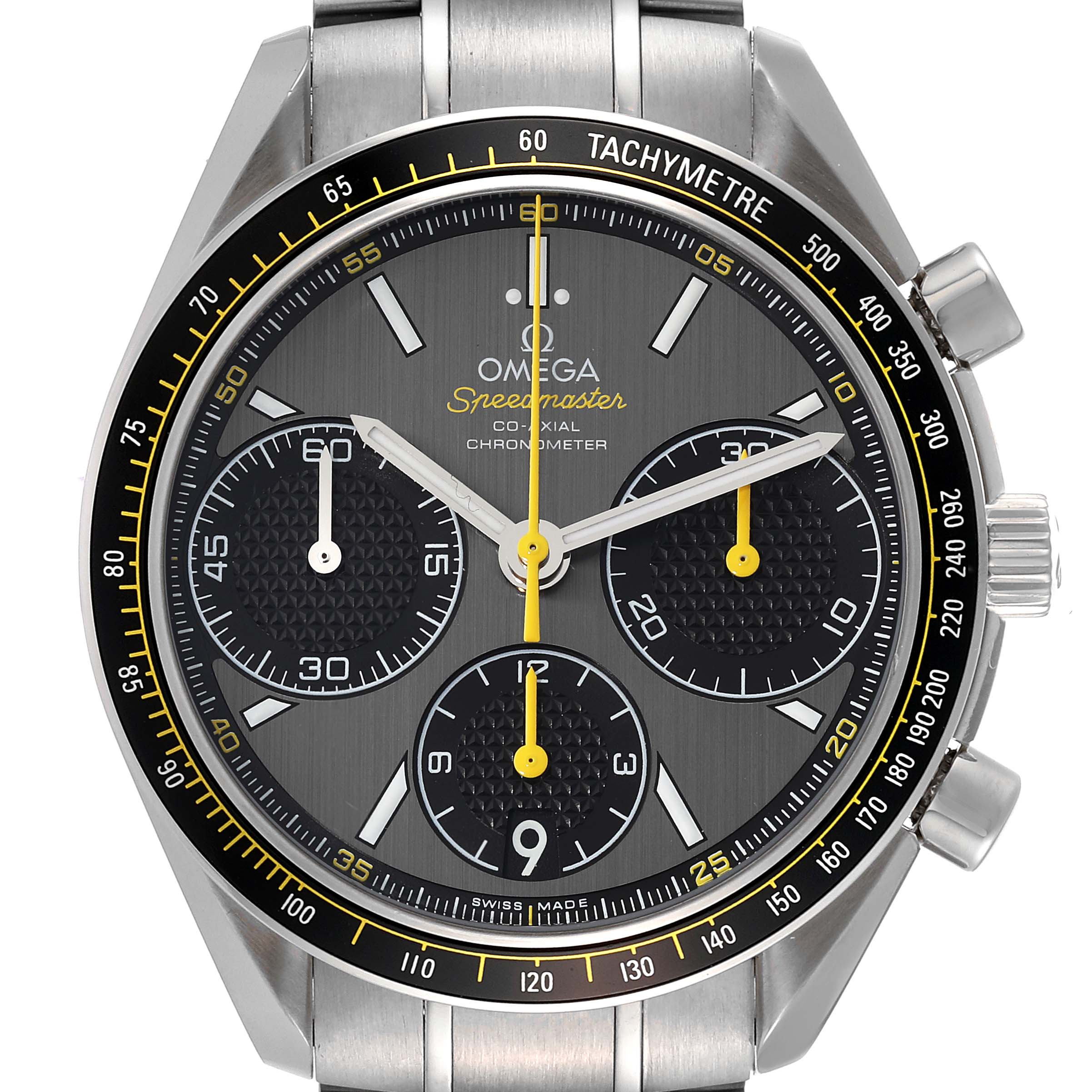 This image shows a frontal view of an Omega Speedmaster 326.30.40.50.06.001 Men
s Stainless Steel Grey Dial 326.30.40.50.06.001 Men
s Stainless Steel Grey Dial watch, highlighting its dial, subdials, bezel, and crown.