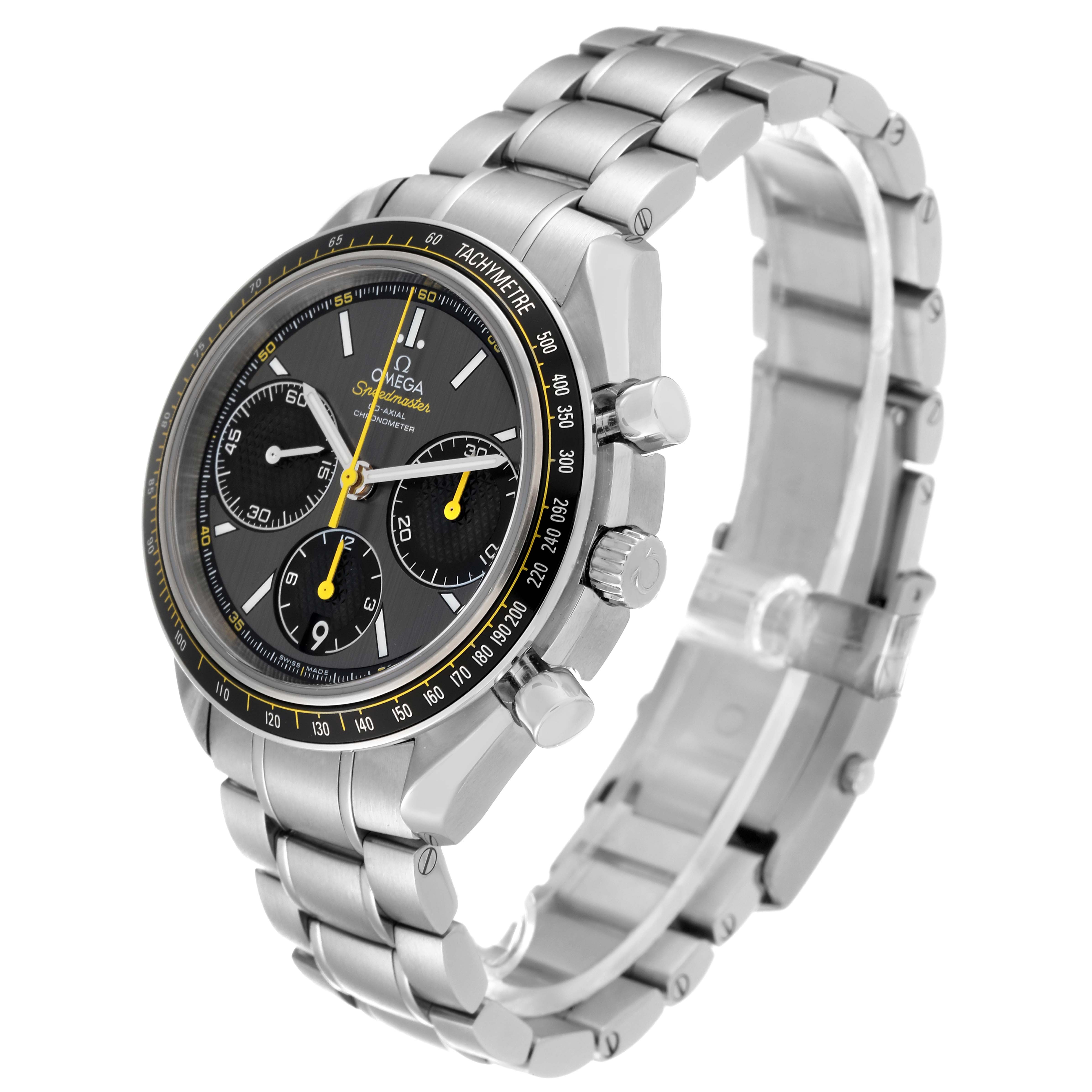 The Speedmaster Omega watch is shown at a three-quarter angle, revealing the face, tachymeter, and metal bracelet.