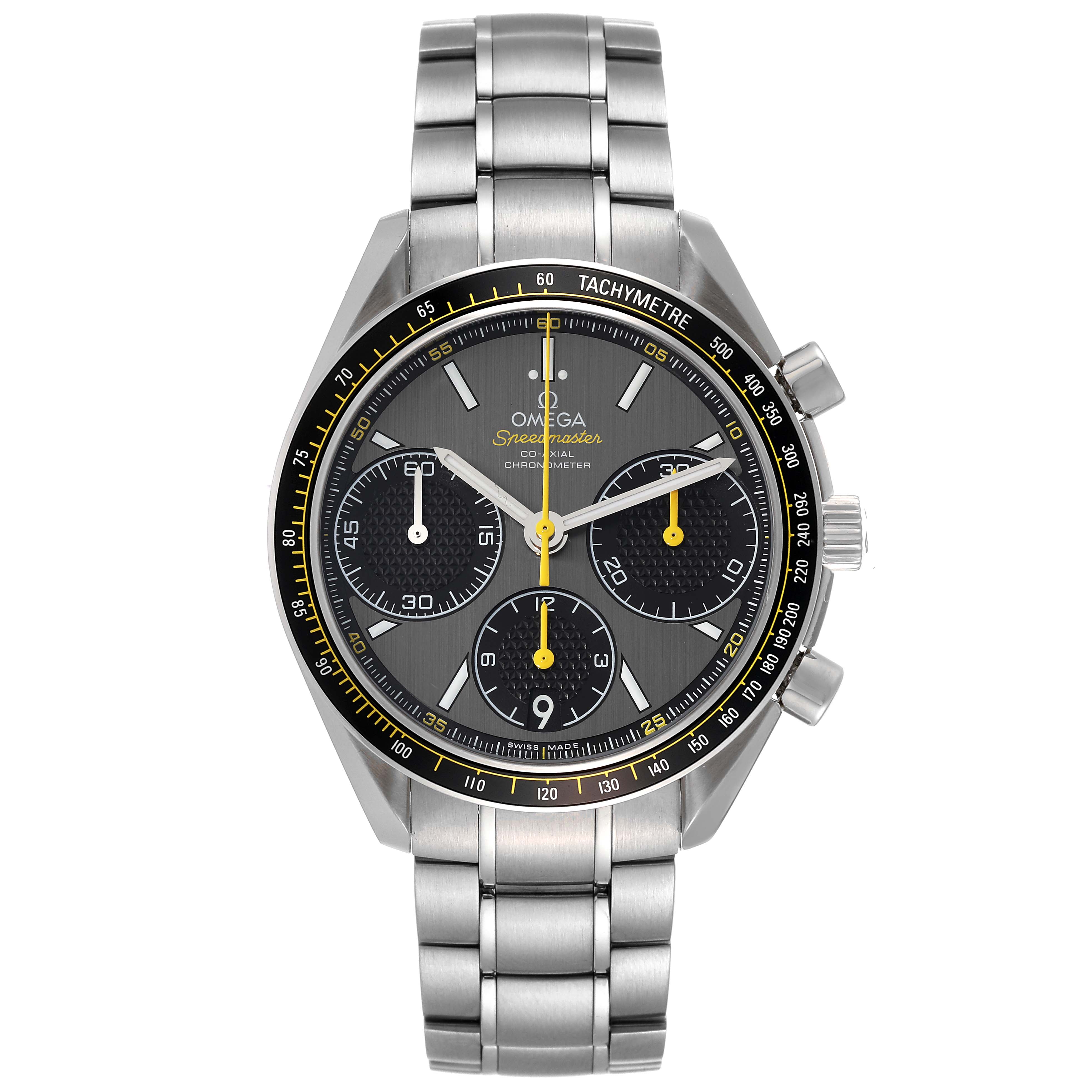This image shows a front view of the Omega Speedmaster 326.30.40.50.06.001 Men
s Stainless Steel Grey Dial 326.30.40.50.06.001 Men
s Stainless Steel Grey Dial watch, featuring its dial, bezel, and bracelet.