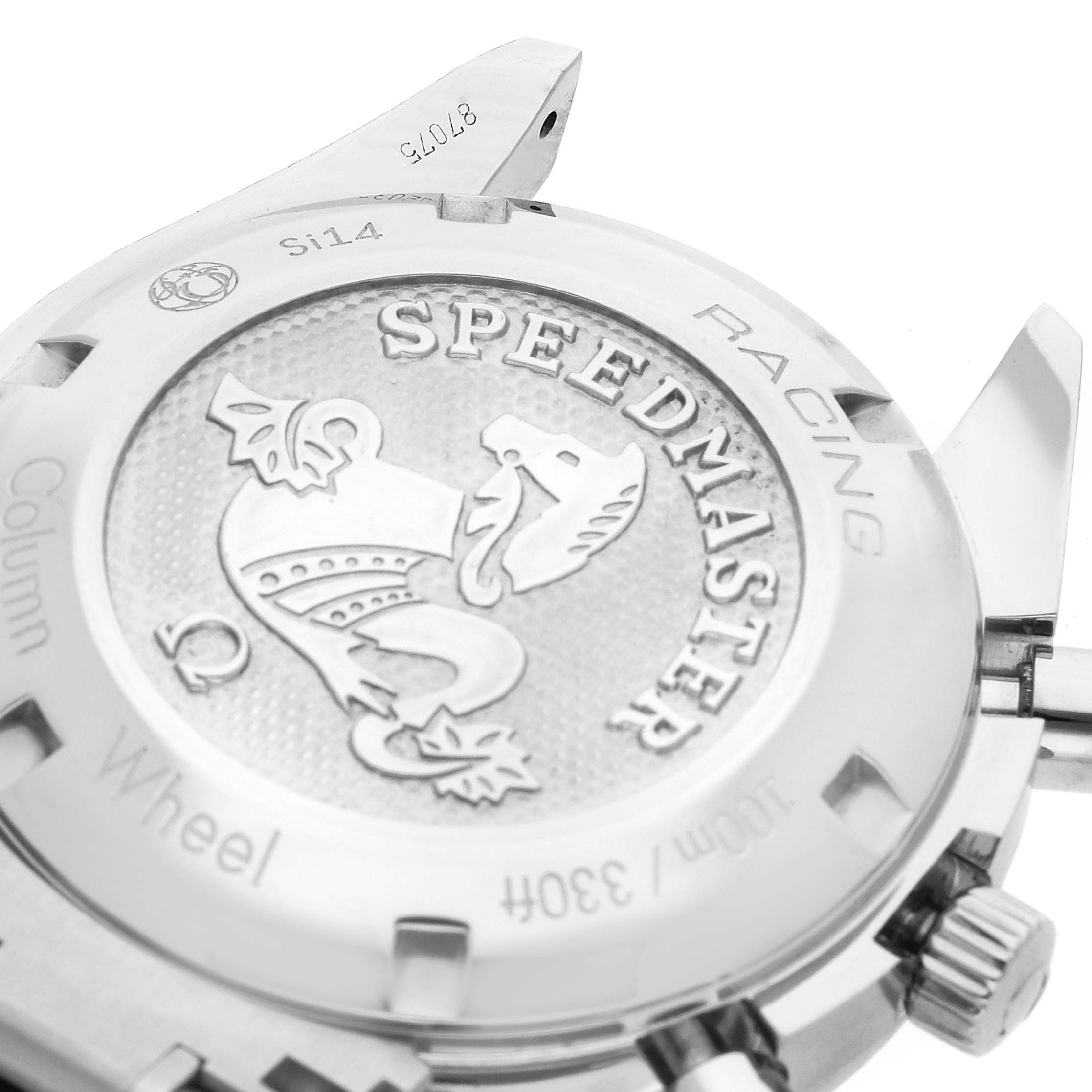 This image shows the back case of the Omega Speedmaster 326.30.40.50.06.001 Men
s Stainless Steel Grey Dial 326.30.40.50.06.001 Men
s Stainless Steel Grey Dial watch, showcasing its engraved details and branding.