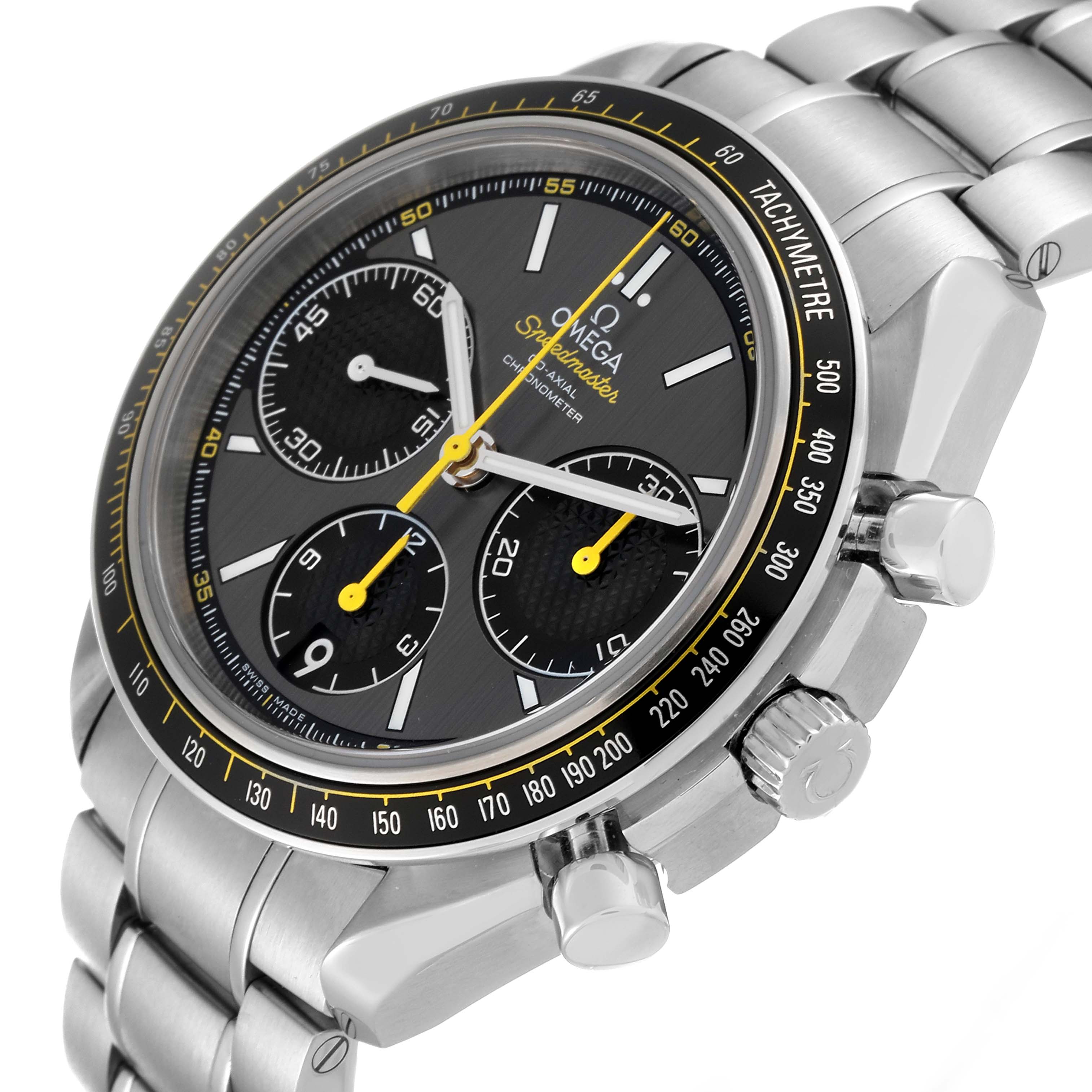 The Omega Speedmaster 326.30.40.50.06.001 Men
s Stainless Steel Grey Dial 326.30.40.50.06.001 Men
s Stainless Steel Grey Dial watch is shown at a three-quarter angle, highlighting the dial, tachymeter bezel, and bracelet.