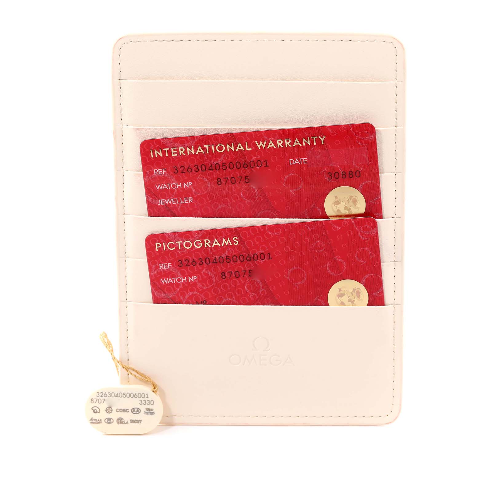 The image shows the warranty cards and a holder for the Omega Speedmaster 326.30.40.50.06.001 Men
s Stainless Steel Grey Dial 326.30.40.50.06.001 Men
s Stainless Steel Grey Dial watch, displaying from a front angle.