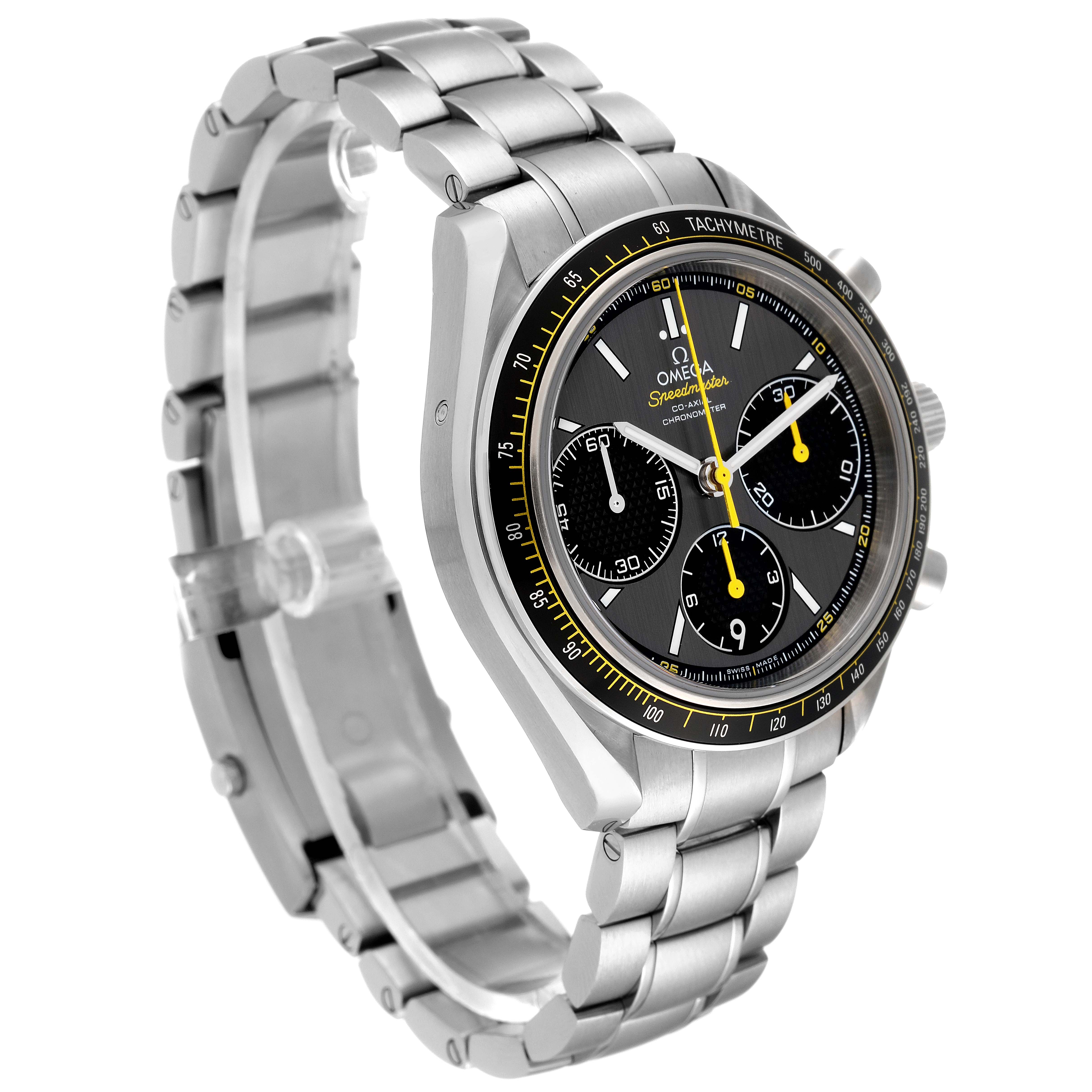 The Omega Speedmaster 326.30.40.50.06.001 Men
s Stainless Steel Grey Dial 326.30.40.50.06.001 Men
s Stainless Steel Grey Dial watch is shown from a three-quarter angle, displaying the face, bracelet, and tachymeter bezel.