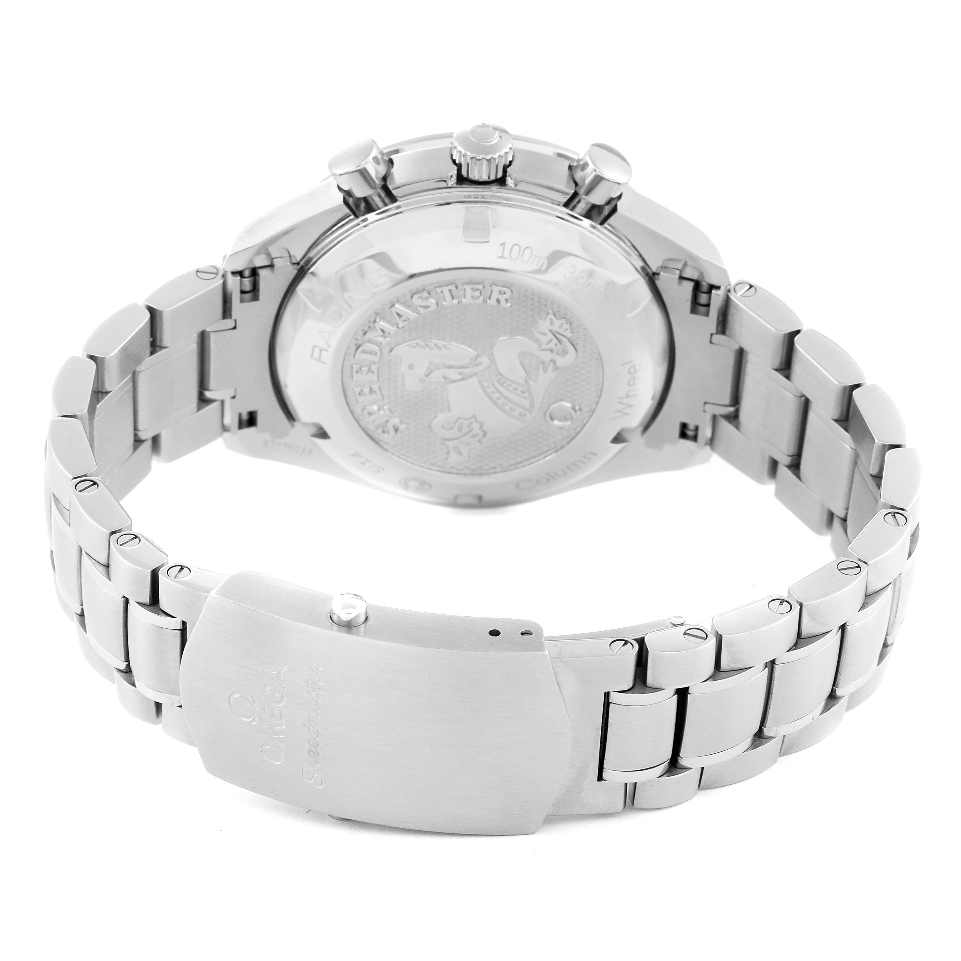 The image shows the back case and stainless steel bracelet of the Omega Speedmaster 326.30.40.50.06.001 Men
s Stainless Steel Grey Dial 326.30.40.50.06.001 Men
s Stainless Steel Grey Dial watch.