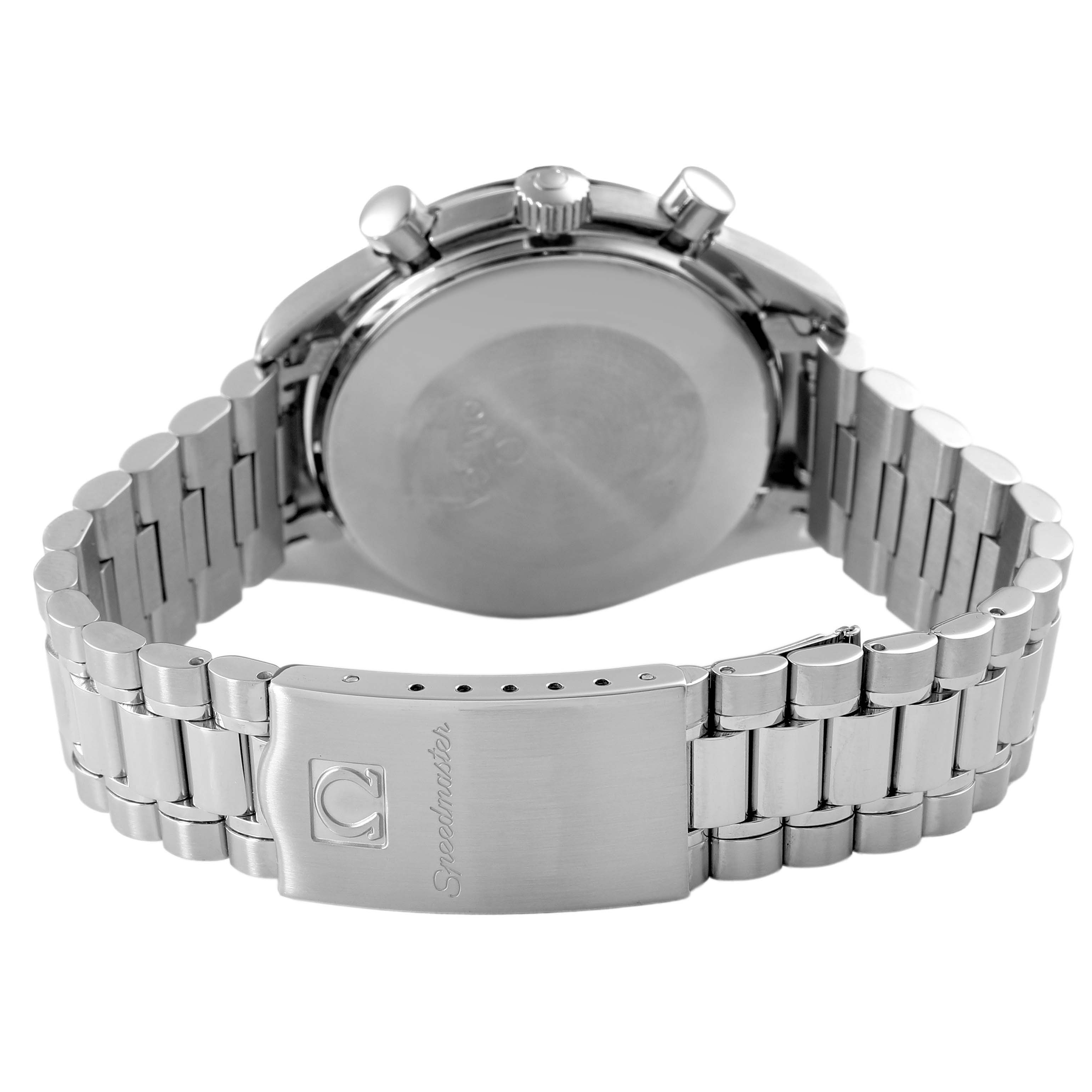 The image shows the back and bracelet clasp of an Omega Speedmaster 3510.50.00 Men's Stainless Steel Black Dial watch at an angle, highlighting the stainless steel finish.