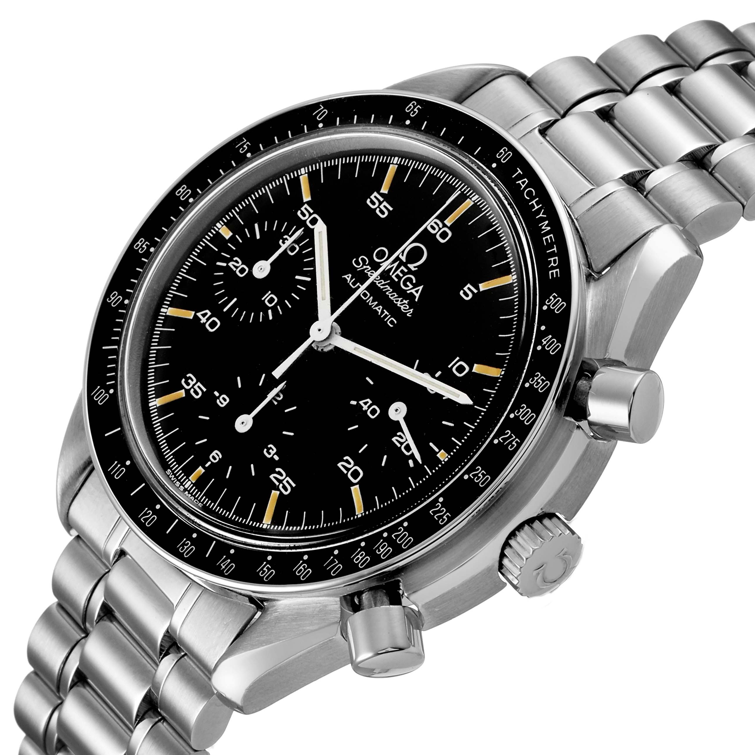 The Omega Speedmaster 3510.50.00 Men's Stainless Steel Black Dial watch is shown at an angled view, displaying the face, tachymeter bezel, pushers, and bracelet.