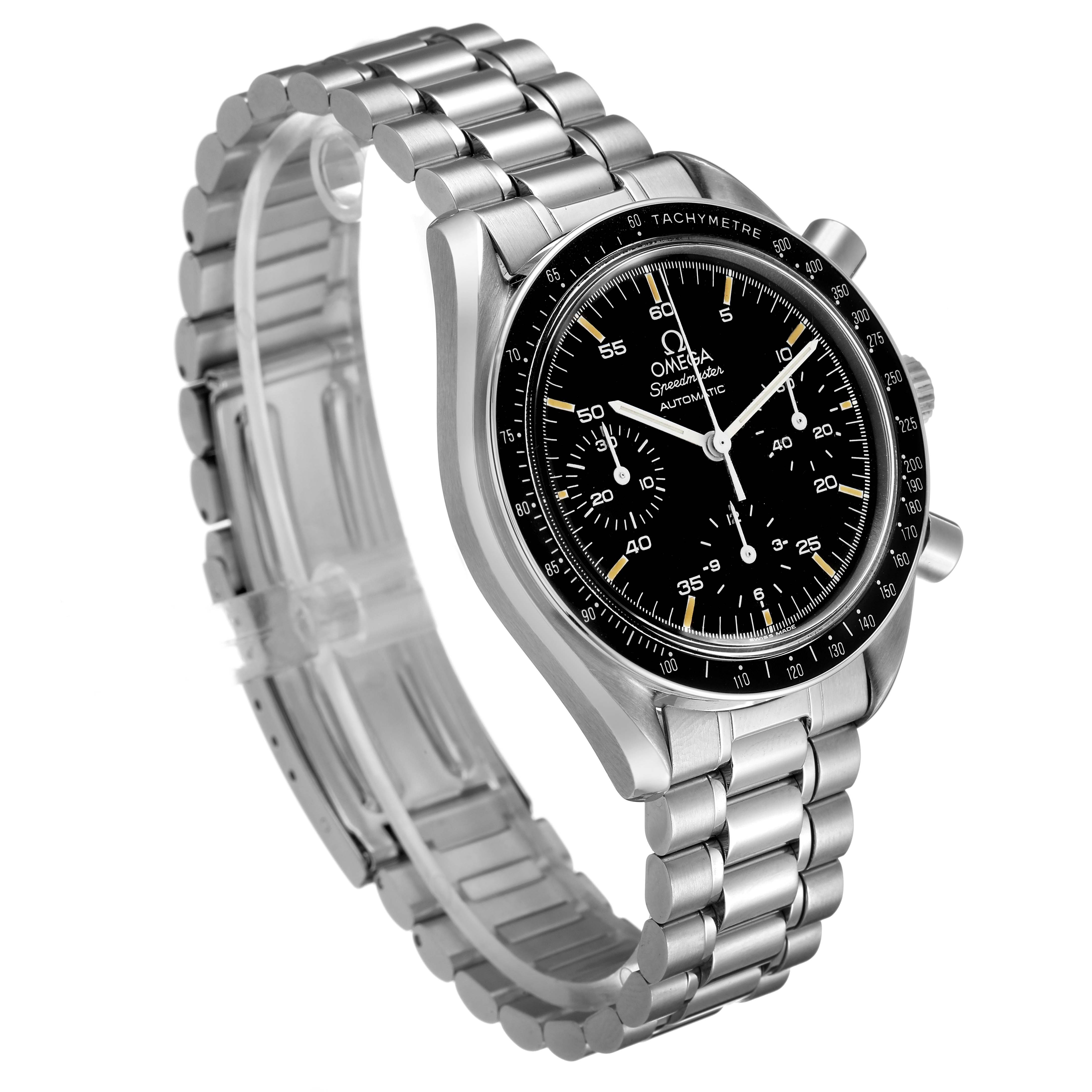 The Omega Speedmaster 3510.50.00 Men's Stainless Steel Black Dial is shown at a three-quarter angle highlighting the bezel, face, stainless steel bracelet, and pushers.