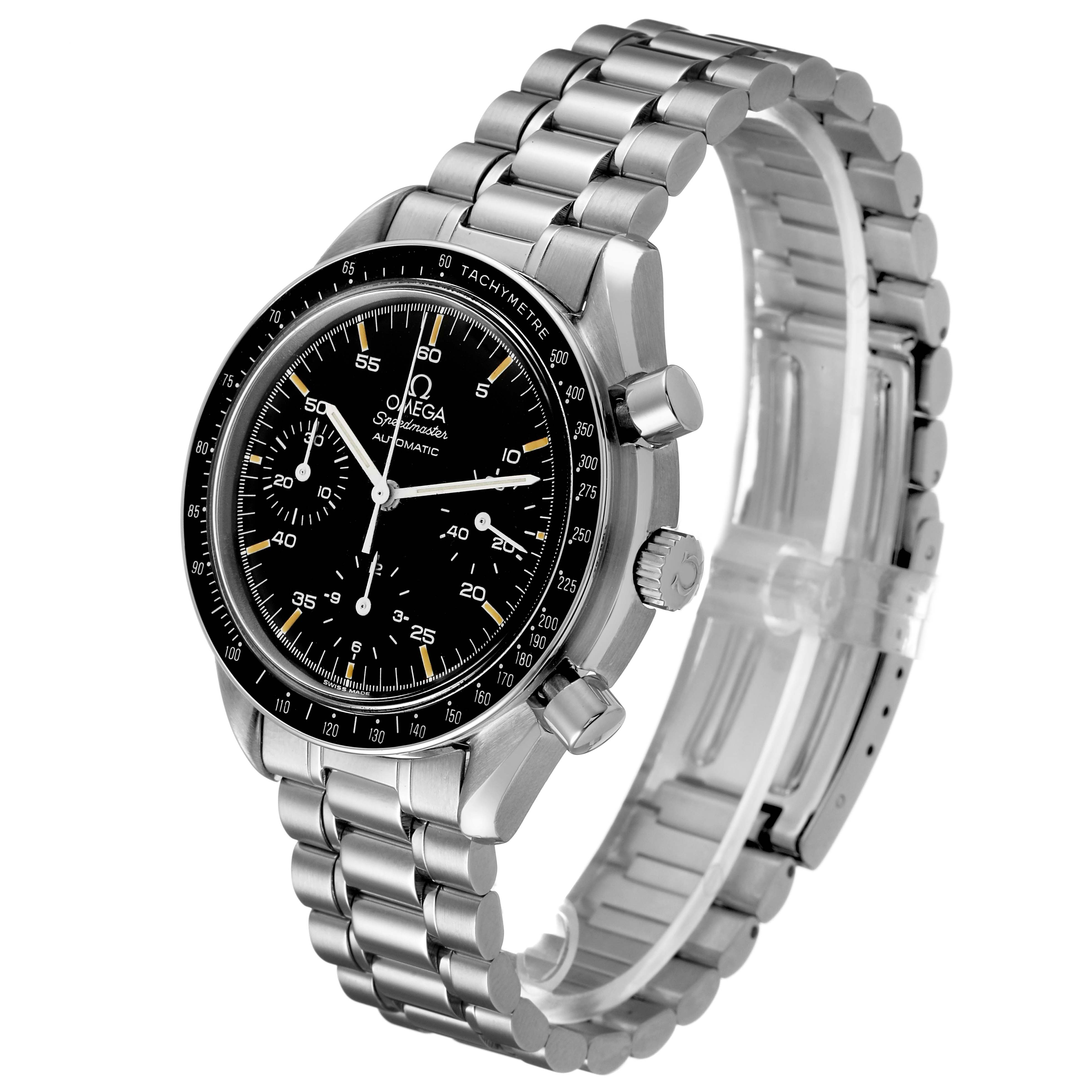 The Omega Speedmaster 3510.50.00 Men's Stainless Steel Black Dial watch is shown at a three-quarter angle, highlighting the face, stainless steel bracelet, and side buttons.