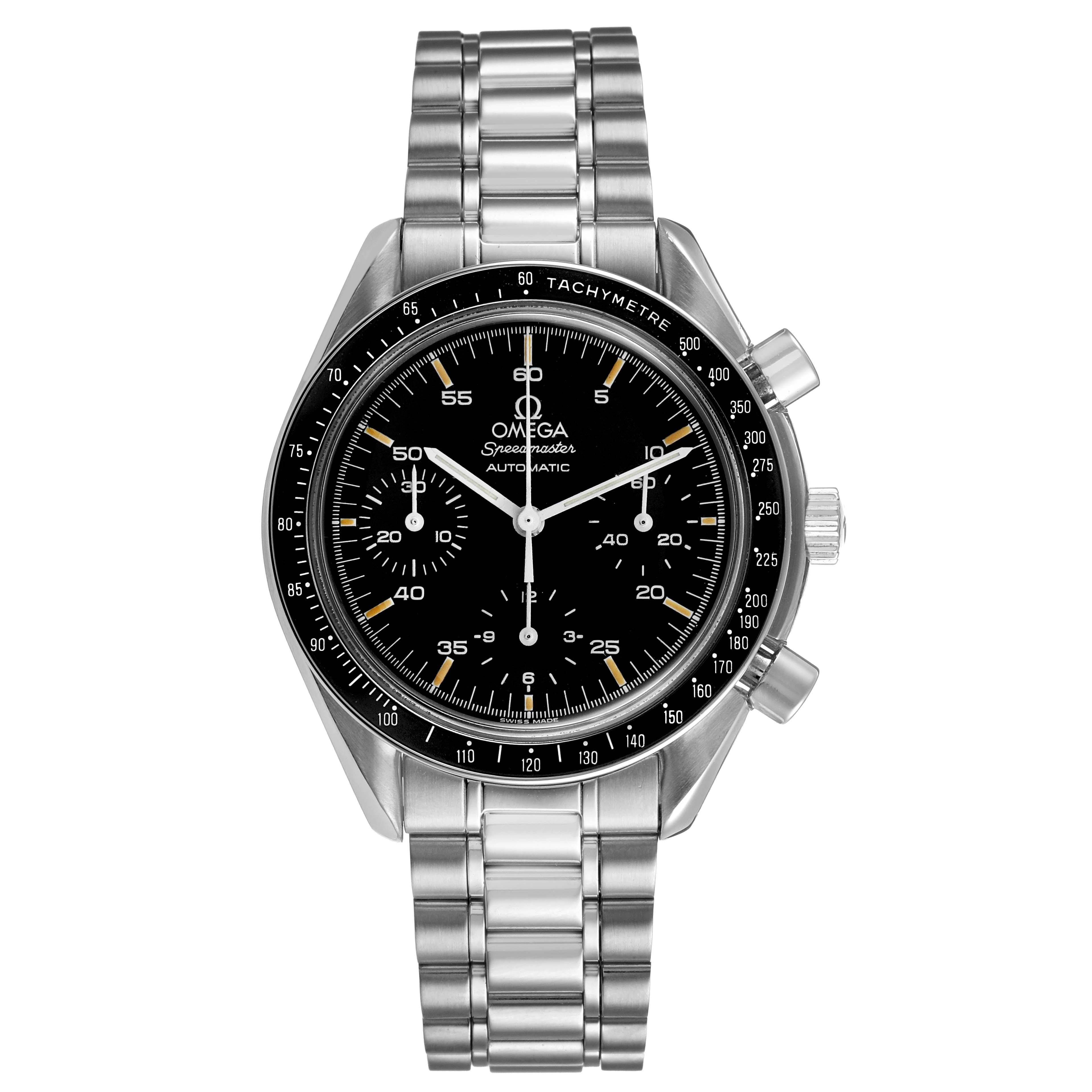 The Omega Speedmaster 3510.50.00 Men's Stainless Steel Black Dial model is shown from a front angle, highlighting the dial, bezel, crown, pushers, and bracelet.
