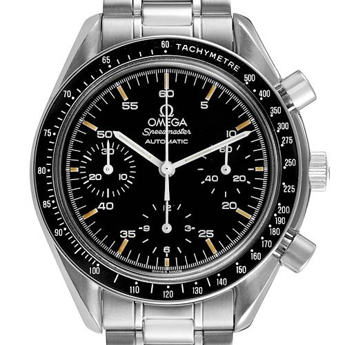 The Omega Speedmaster 3510.50.00 Men's Stainless Steel Black Dial watch is shown from the front, displaying the dial, tachymeter bezel, and chronograph subdials.