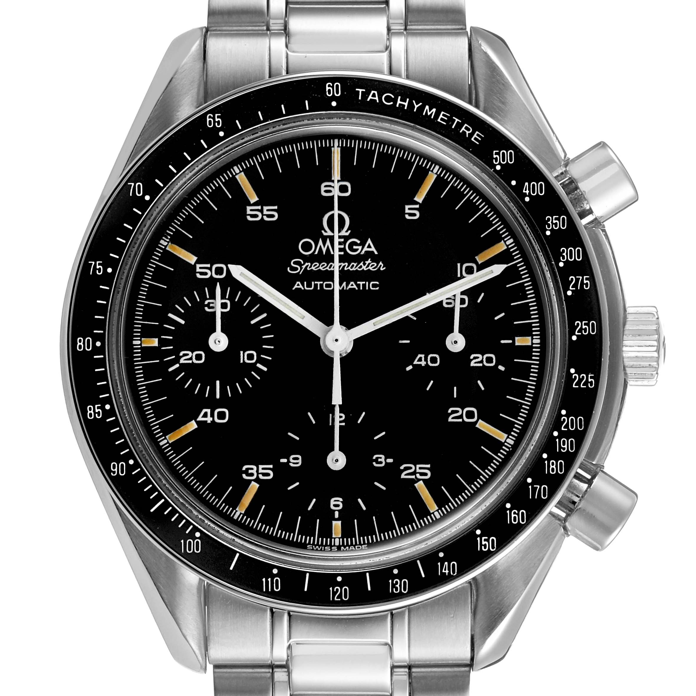 The Omega Speedmaster 3510.50.00 Men's Stainless Steel Black Dial watch is shown from a front angle, displaying its face, bezel, and pushers.