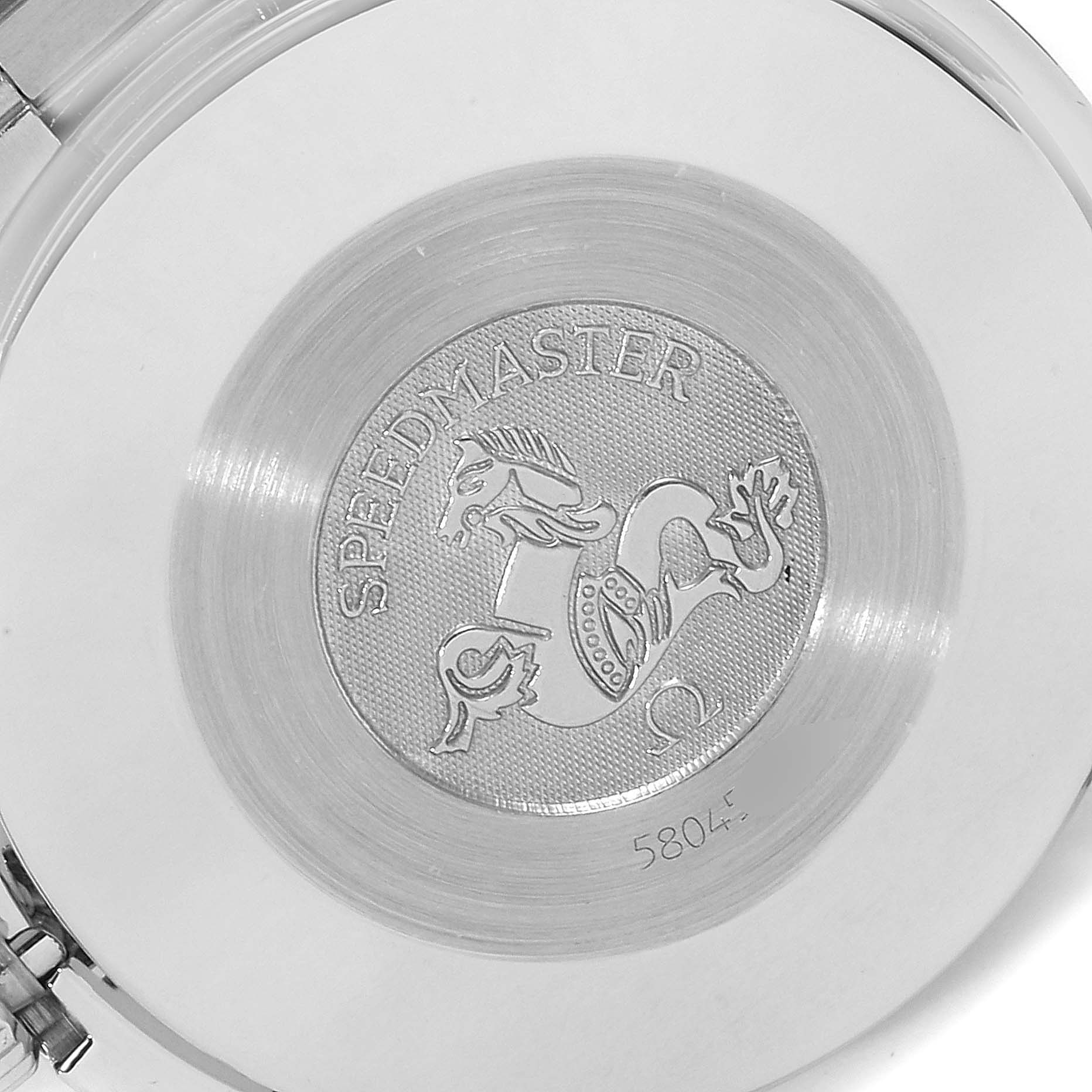 This image shows the back case of an Omega Speedmaster 3510.50.00 Men
s Stainless Steel Black Dial 3510.50.00 Men
s Stainless Steel Black Dial watch, highlighting the engraved logo and model name.