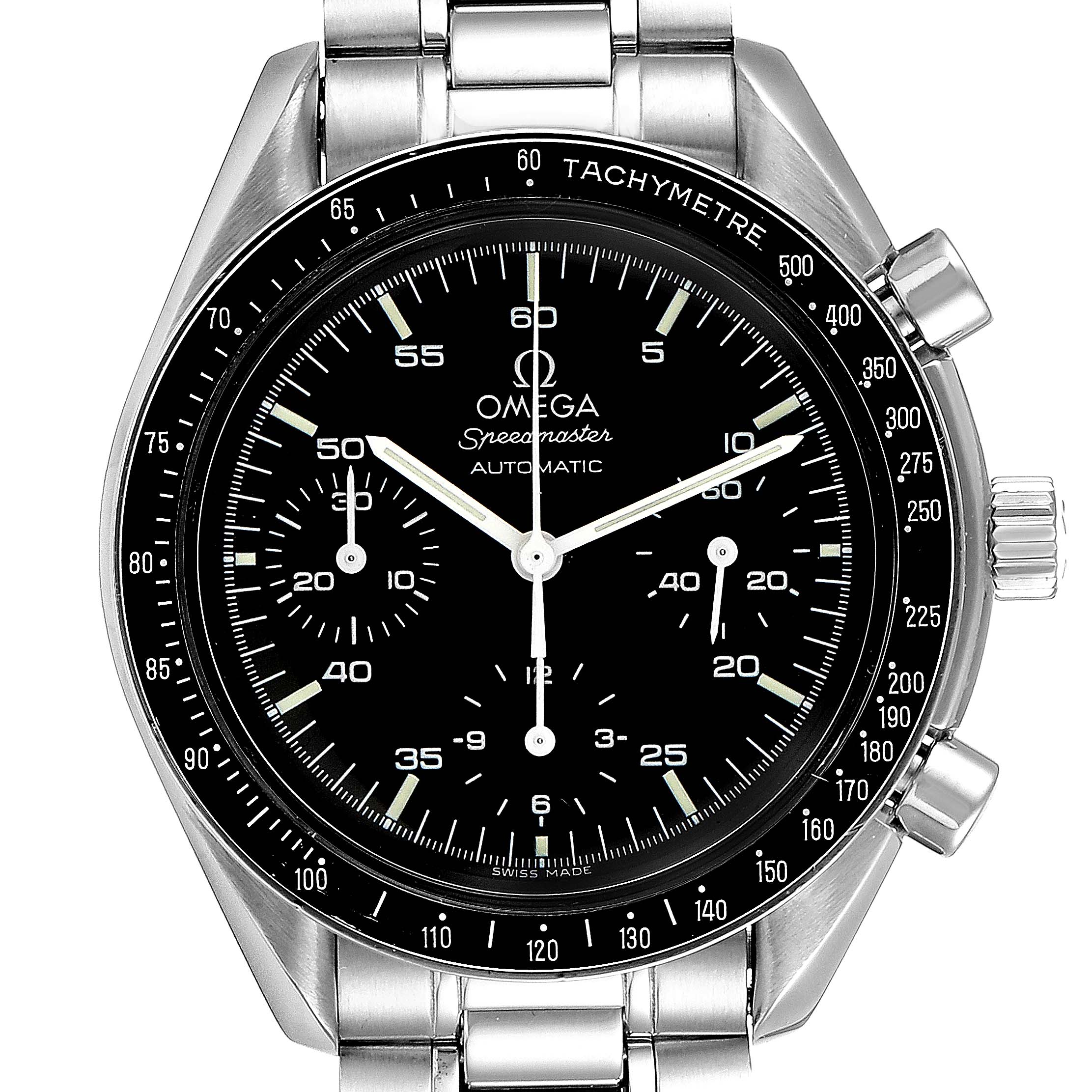 This image shows a front view of the Omega Speedmaster 3510.50.00 Men
s Stainless Steel Black Dial 3510.50.00 Men
s Stainless Steel Black Dial watch, highlighting its dial, hands, and tachymeter bezel. 