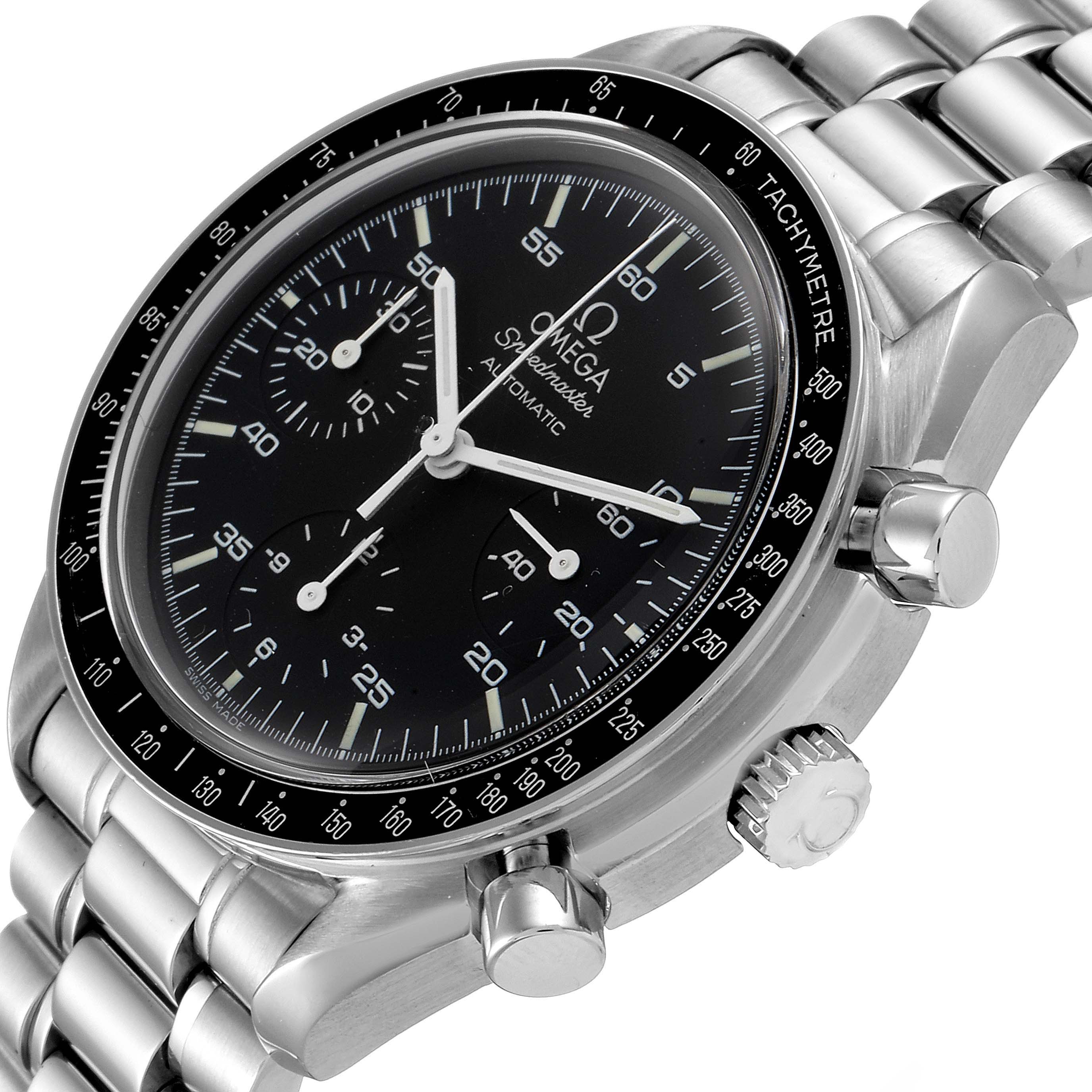 The image shows an angled view of an Omega Speedmaster 3510.50.00 Men
s Stainless Steel Black Dial 3510.50.00 Men
s Stainless Steel Black Dial watch, highlighting the face, tachymeter bezel, and crown with pushers, along with the metal bracelet.