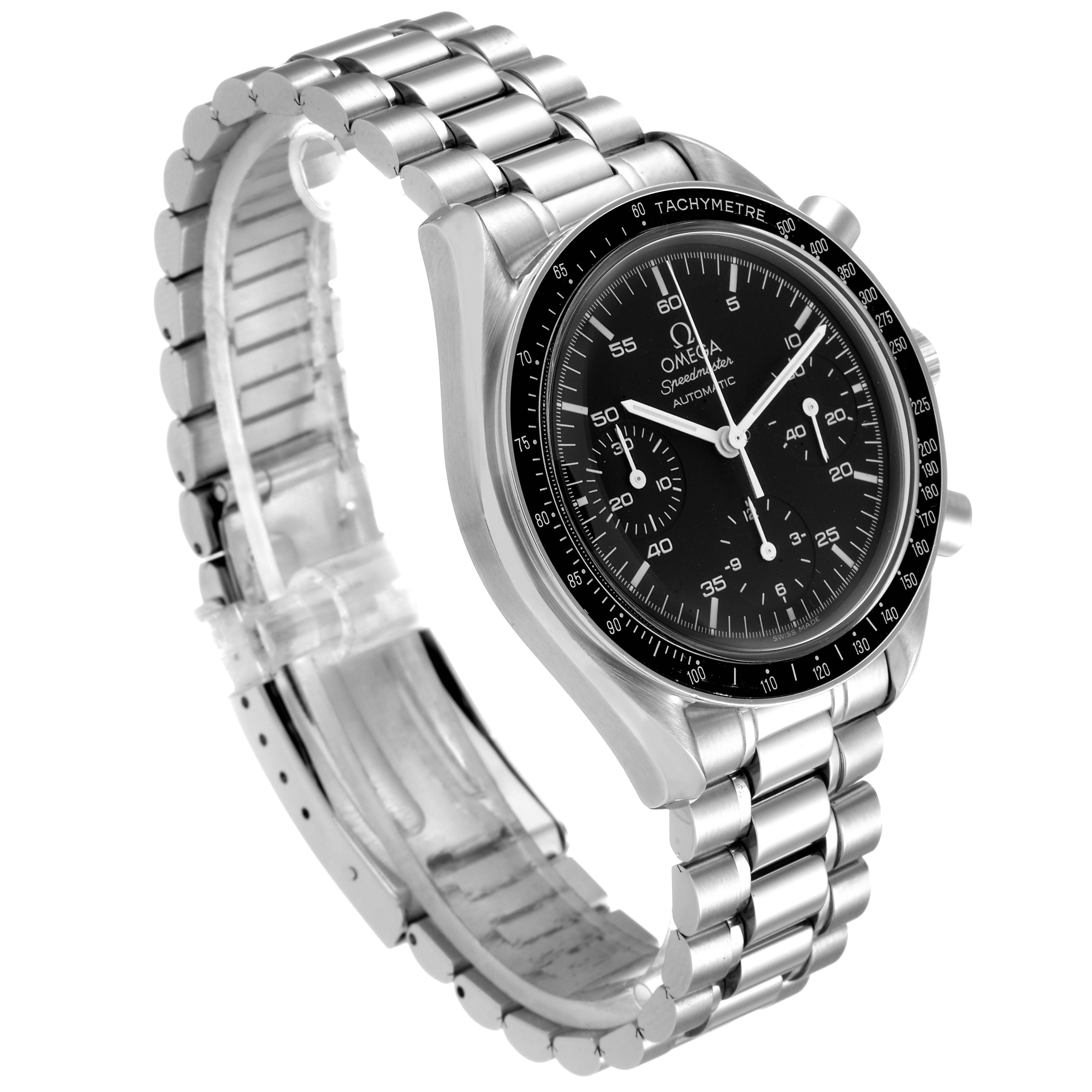 This image shows an Omega Speedmaster 3510.50.00 Men
s Stainless Steel Black Dial 3510.50.00 Men
s Stainless Steel Black Dial watch at a three-quarter angle, highlighting the face, bezel, dial, and metal bracelet.