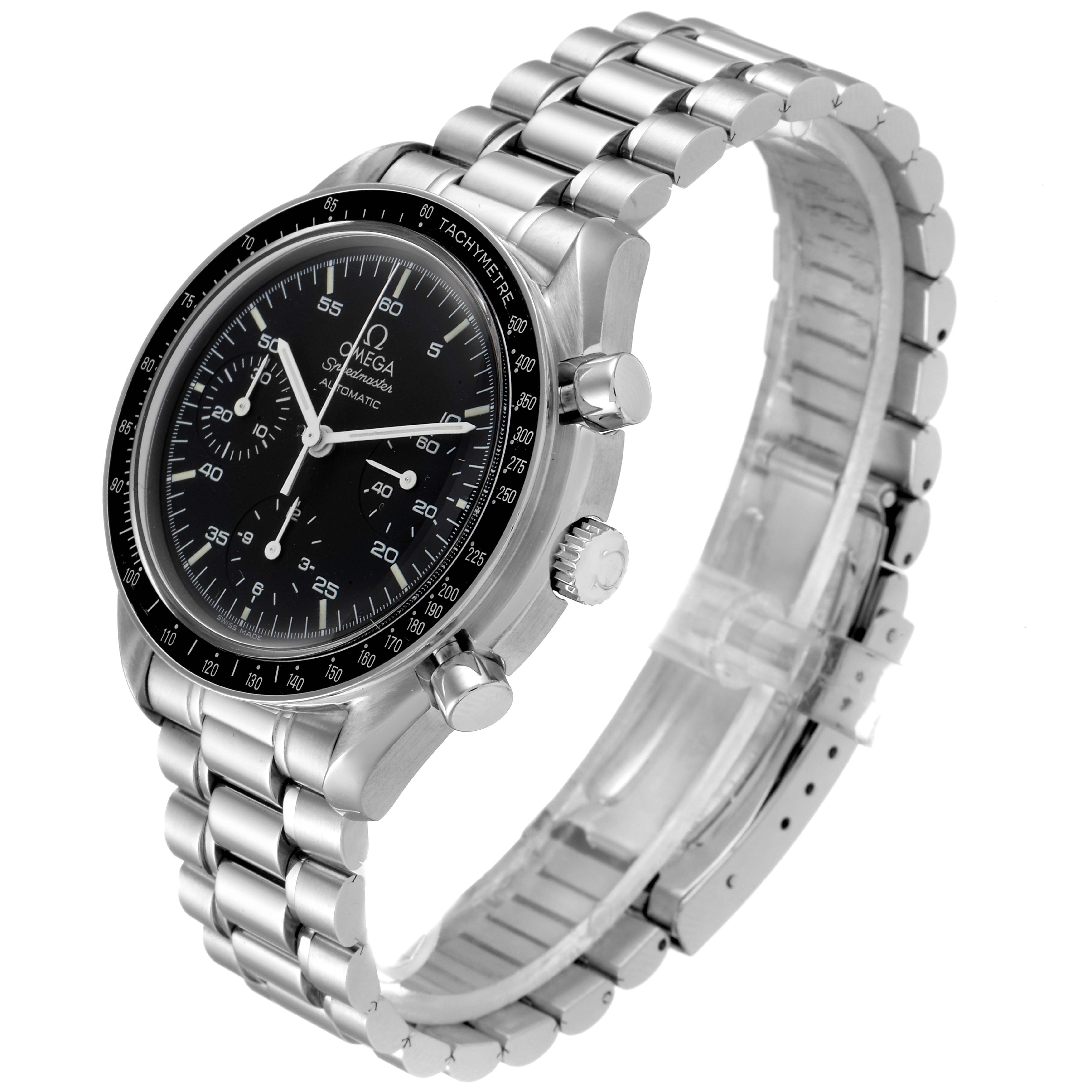 The image shows an Omega Speedmaster 3510.50.00 Men
s Stainless Steel Black Dial 3510.50.00 Men
s Stainless Steel Black Dial watch, featuring its black dial, tachymeter bezel, and stainless steel bracelet from an angled side view.