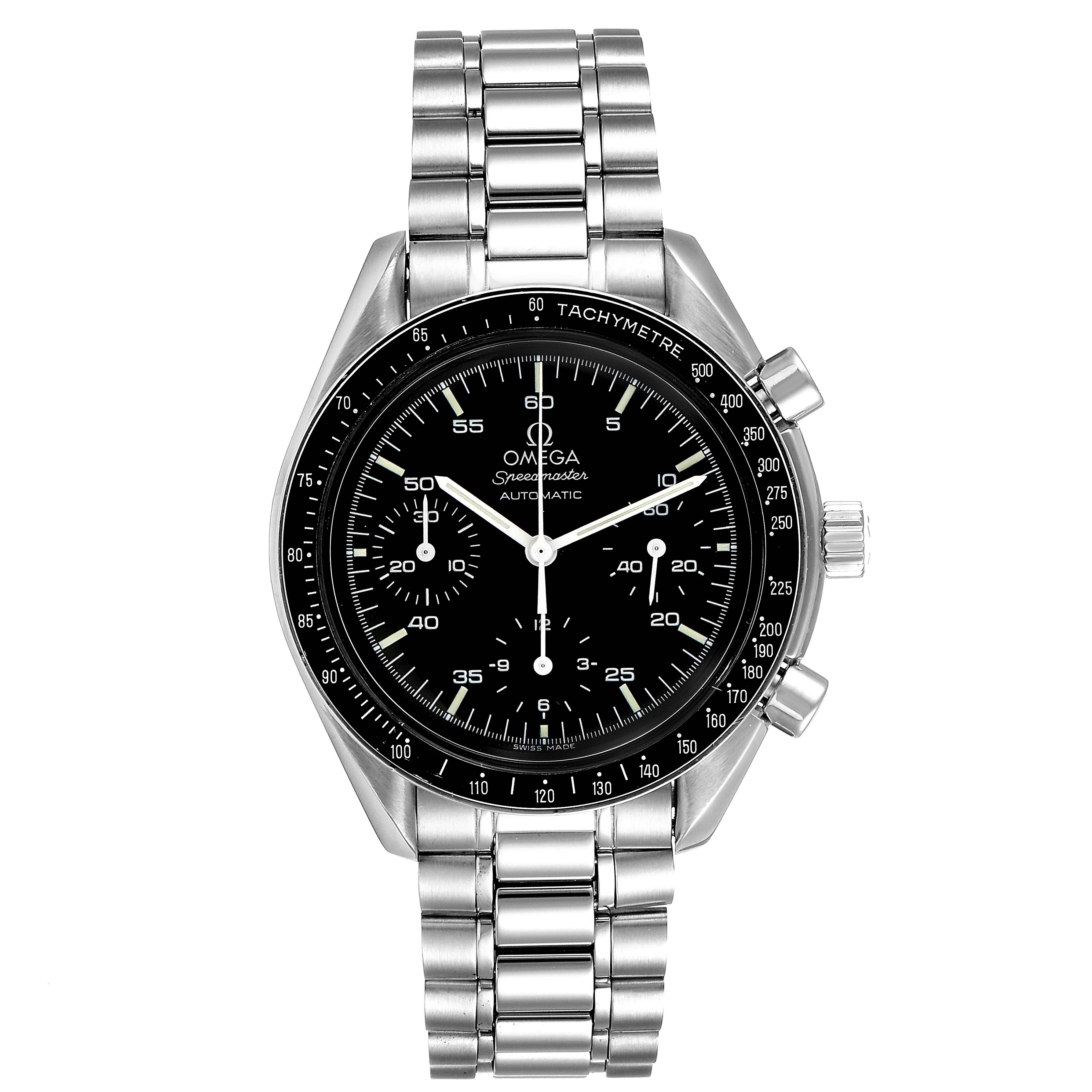 The image shows a front view of an Omega Speedmaster 3510.50.00 Men
s Stainless Steel Black Dial 3510.50.00 Men
s Stainless Steel Black Dial watch, highlighting its dial, bezel, case, and bracelet.