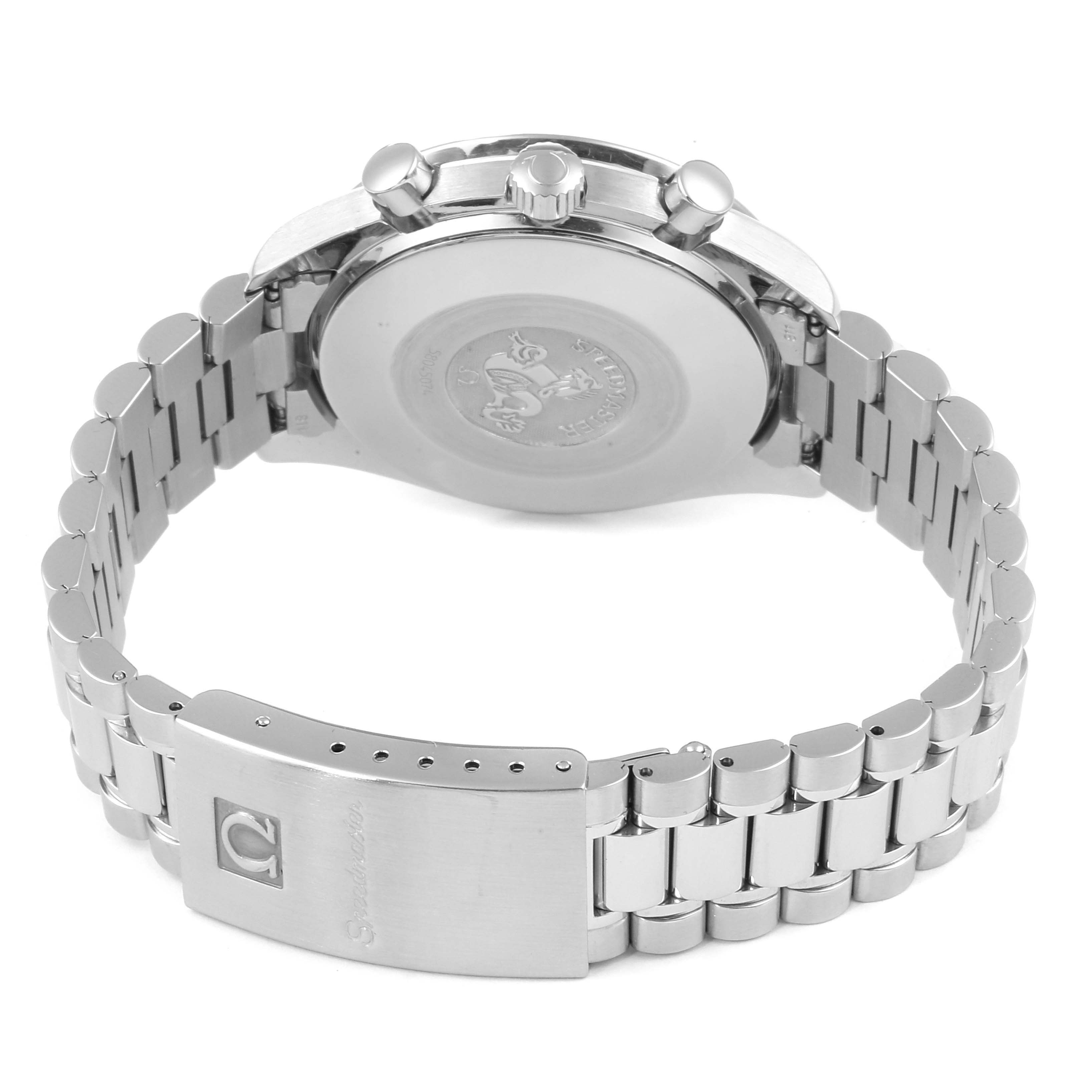 This image shows the back case, crown, pushers, and bracelet of an Omega Speedmaster 3510.50.00 Men
s Stainless Steel Black Dial 3510.50.00 Men
s Stainless Steel Black Dial watch.