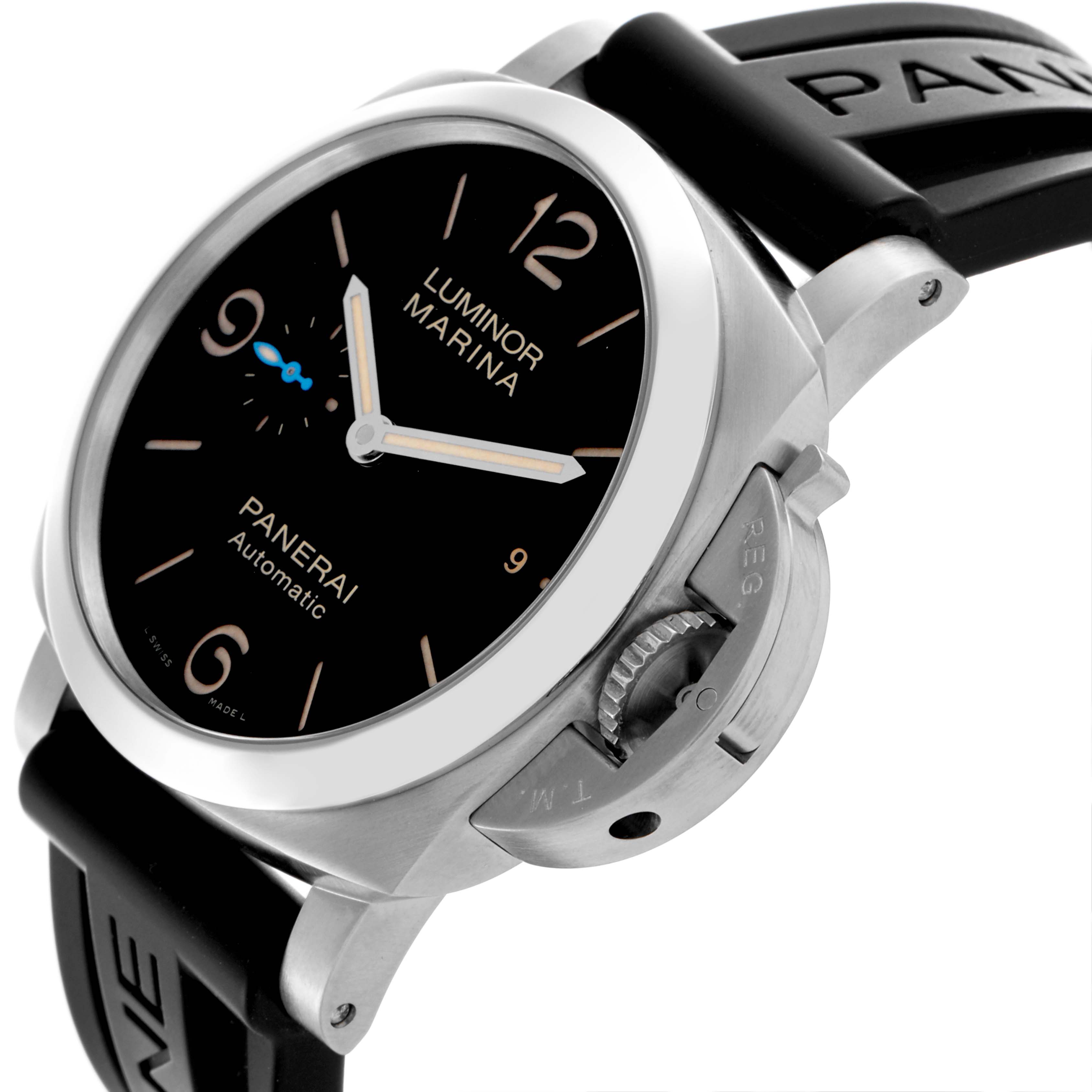 The Panerai Luminor PAM01312 Men's Stainless Steel Black Dial PAM01312 Men's Stainless Steel Black Dial watch is shown at a side angle, highlighting the case, crown guard, strap, and dial features.