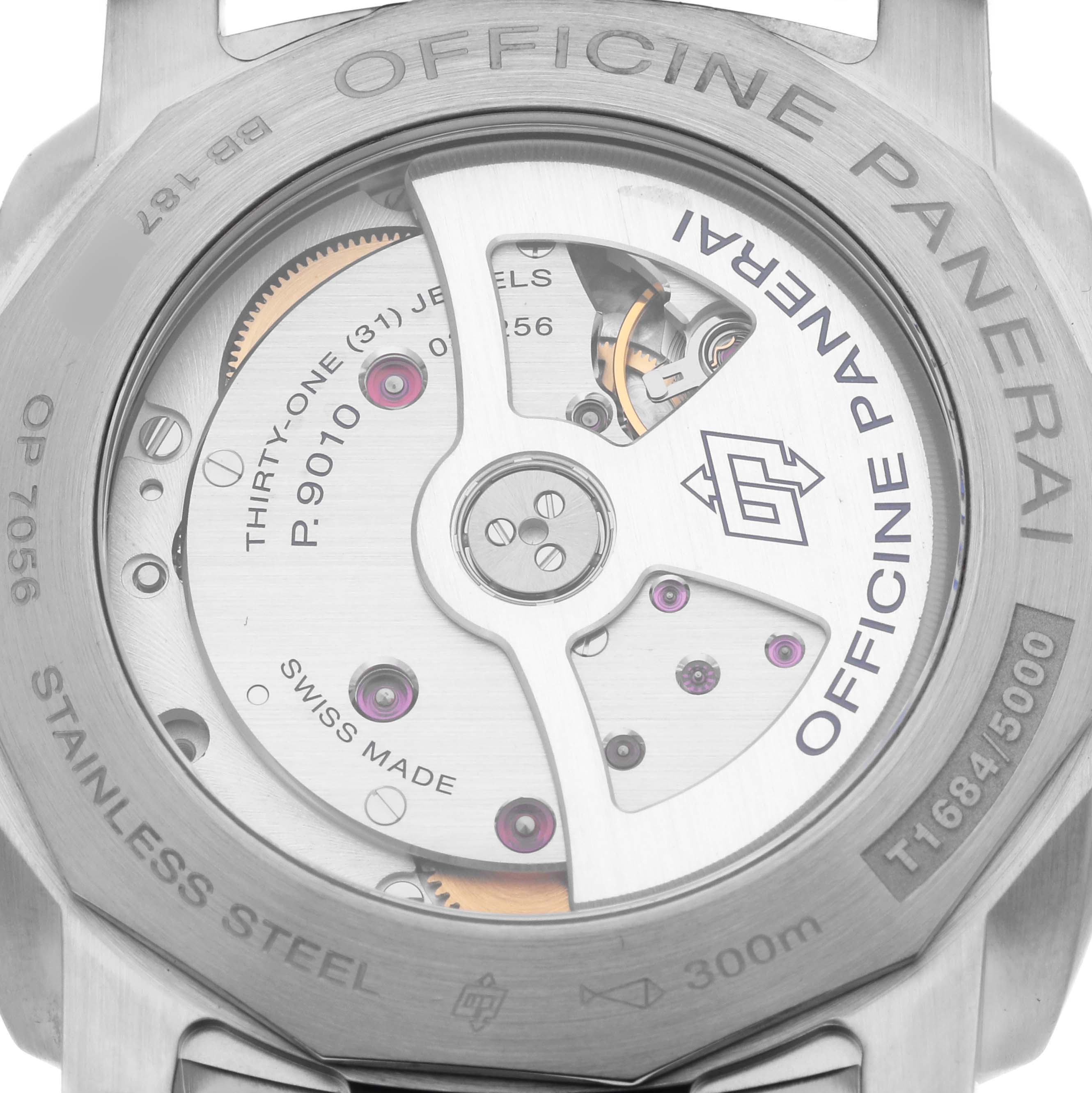 The image shows the back of a Panerai Luminor PAM01312 Men's Stainless Steel Black Dial PAM01312 Men's Stainless Steel Black Dial watch, highlighting its internal mechanism and markings.