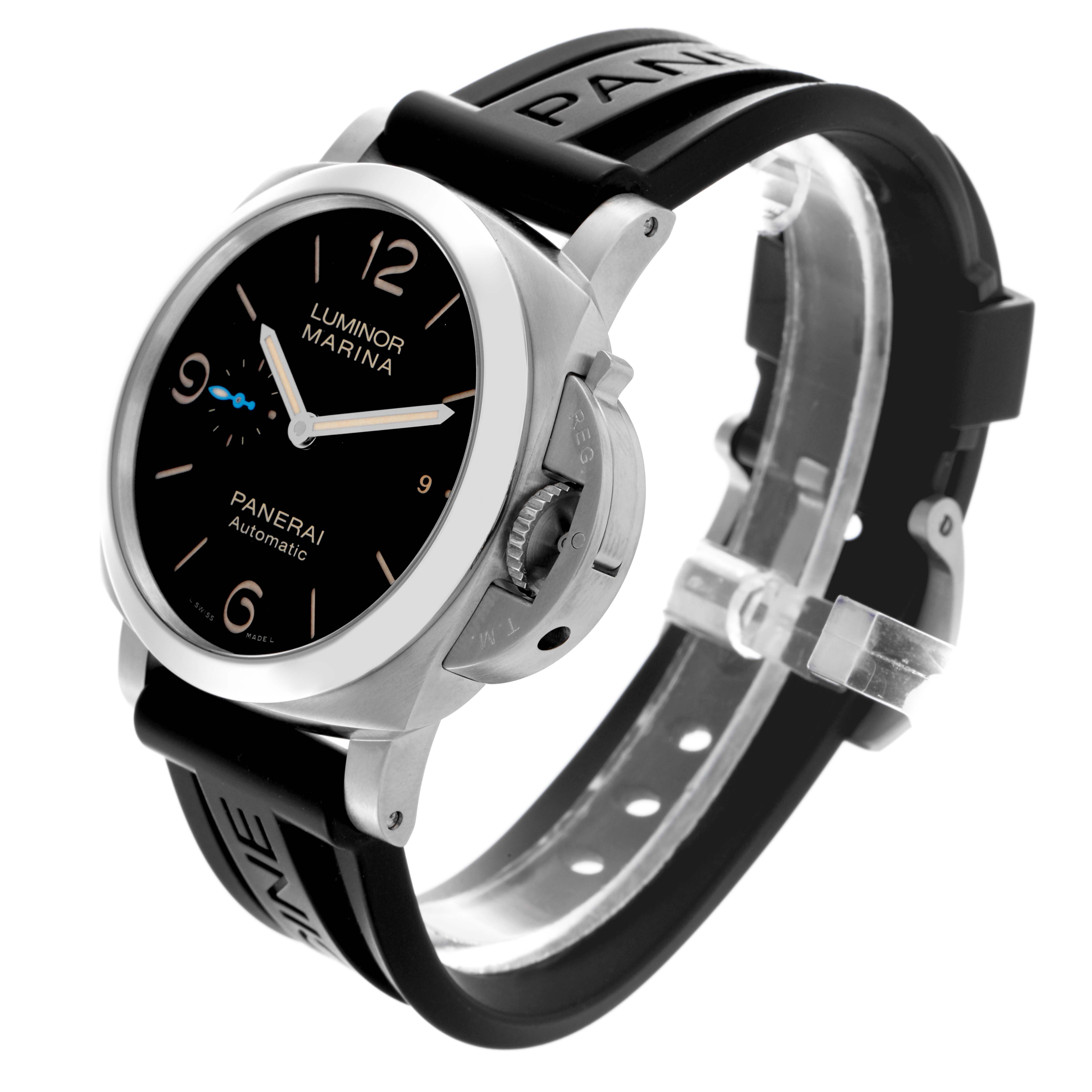 The Panerai Luminor PAM01312 Men's Stainless Steel Black Dial PAM01312 Men's Stainless Steel Black Dial watch is shown at a three-quarter angle, displaying its face, case, crown guard, and strap.