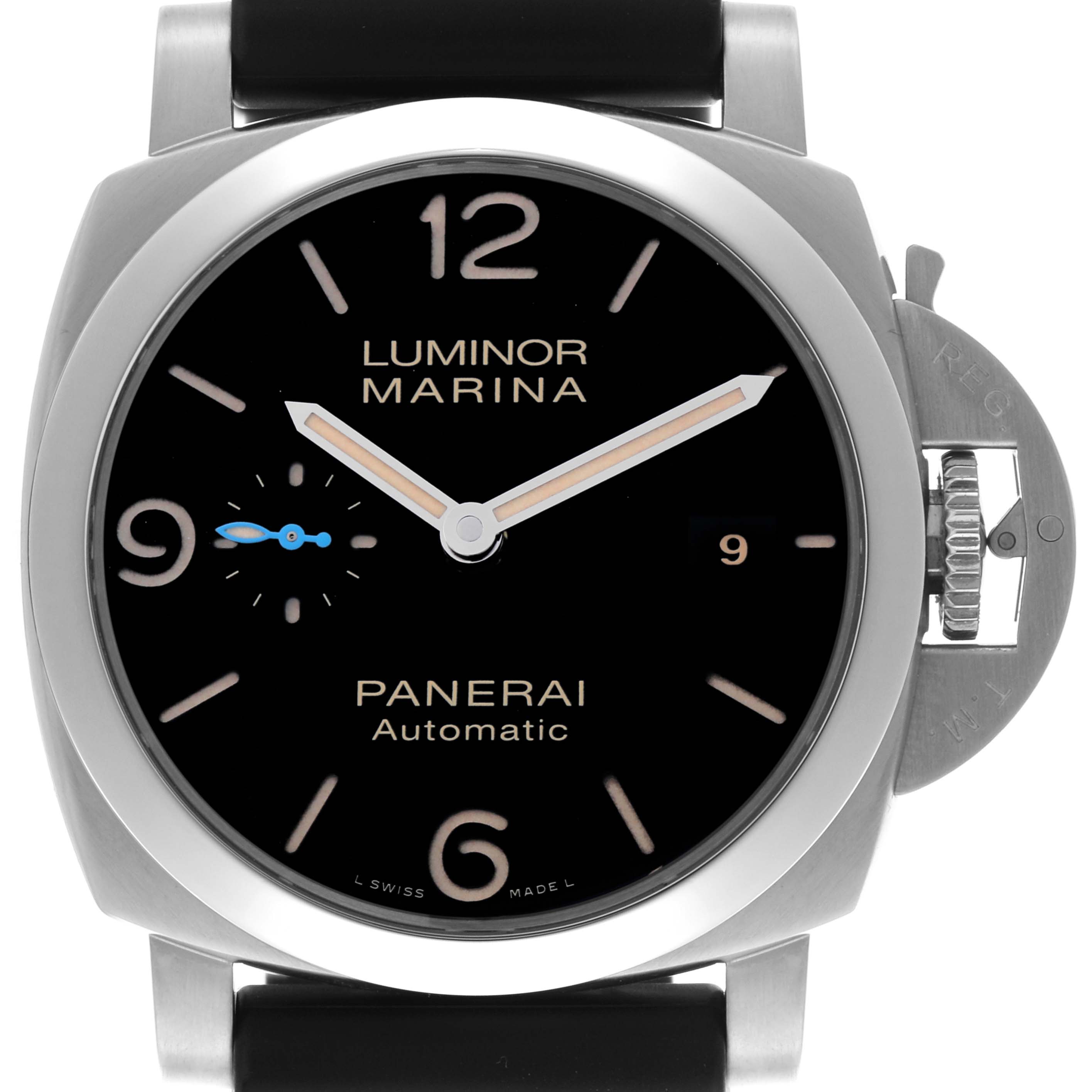 The Panerai Luminor PAM01312 Men's Stainless Steel Black Dial PAM01312 Men's Stainless Steel Black Dial watch is shown from a front angle, displaying the dial, case, crown guard, and strap.