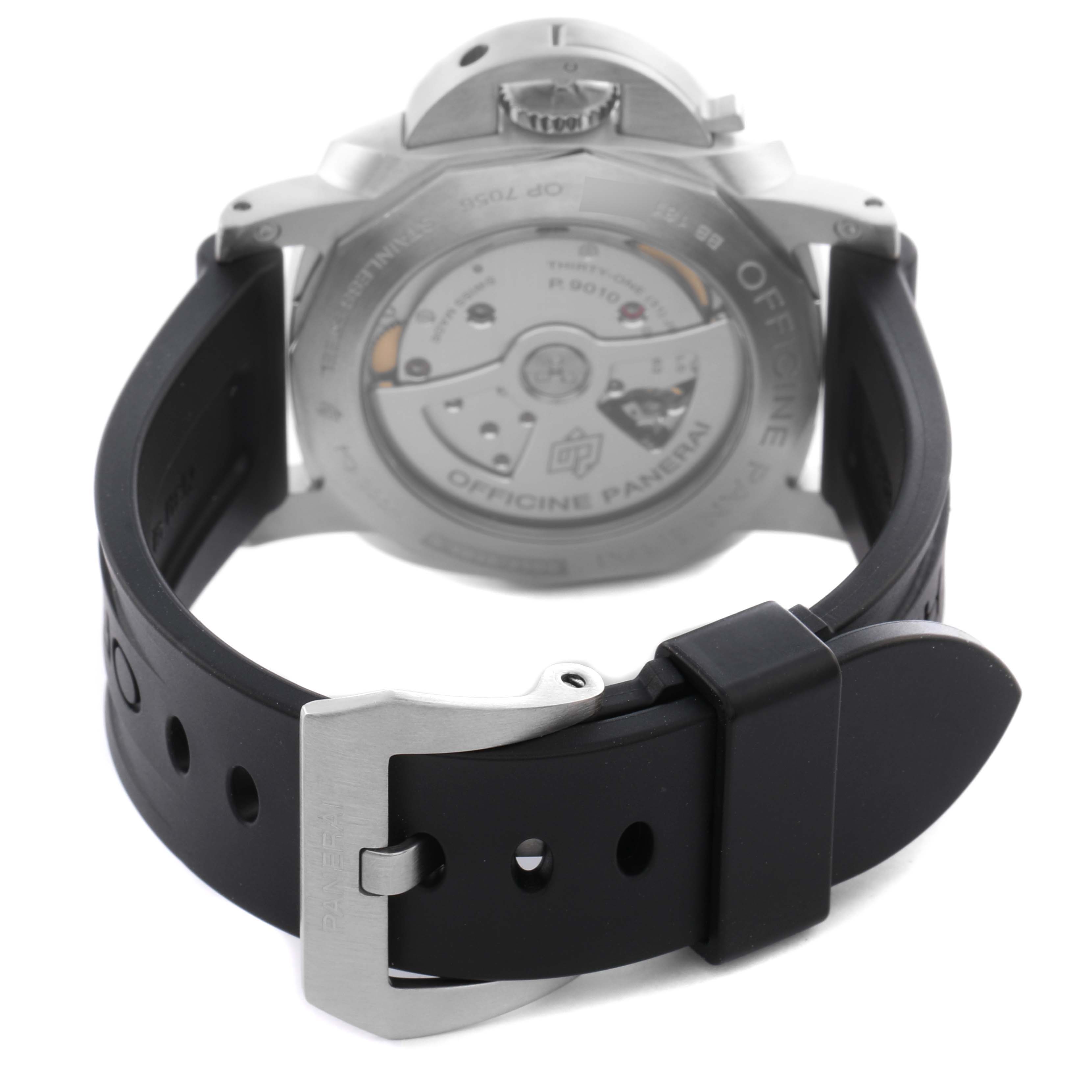 The image shows the back view of a Panerai Luminor PAM01312 Men's Stainless Steel Black Dial PAM01312 Men's Stainless Steel Black Dial watch, highlighting the movement and rubber strap with a buckle.